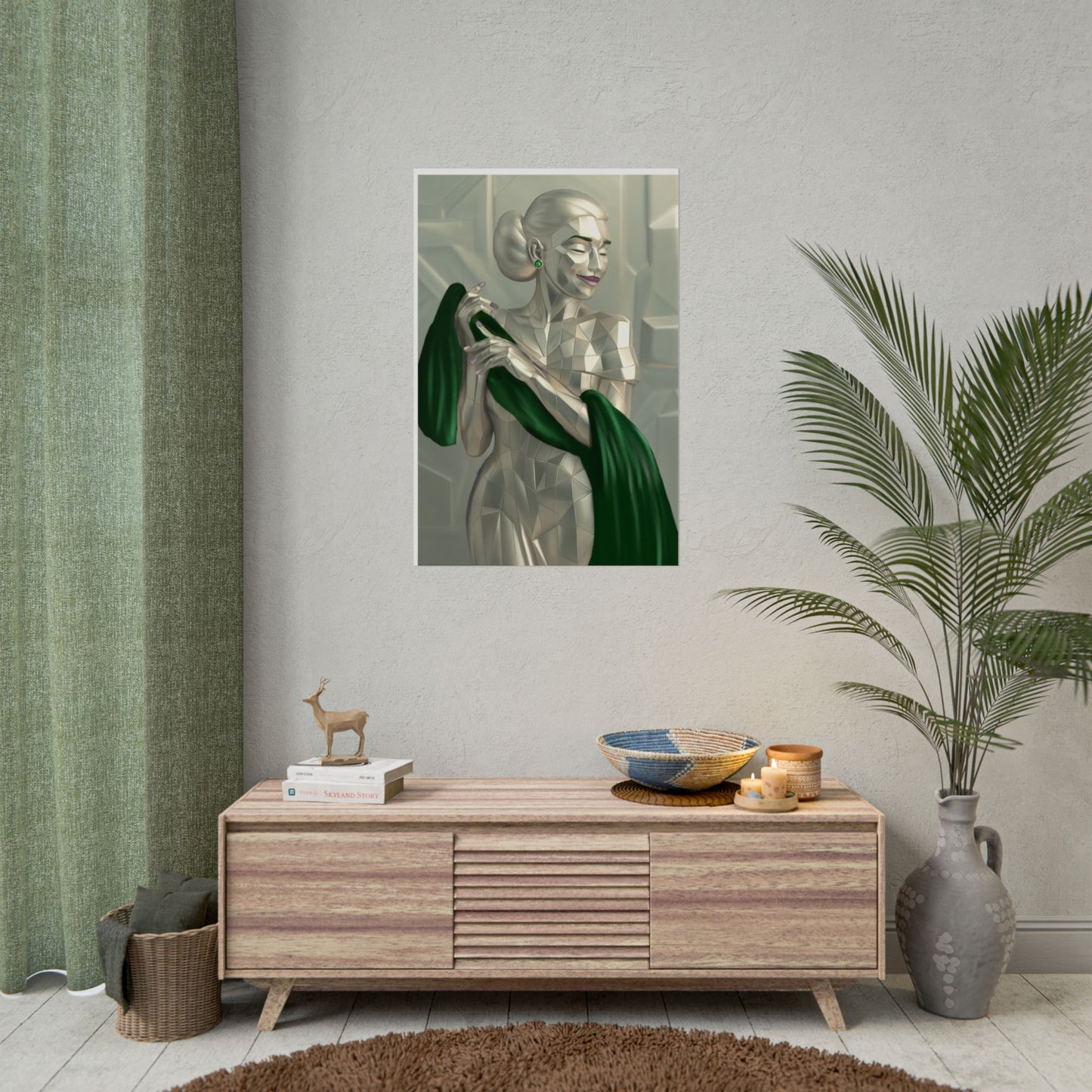 Art Deco Metallic Woman Rolled Poster — Elegant Geometric Portrait with Green Scarf