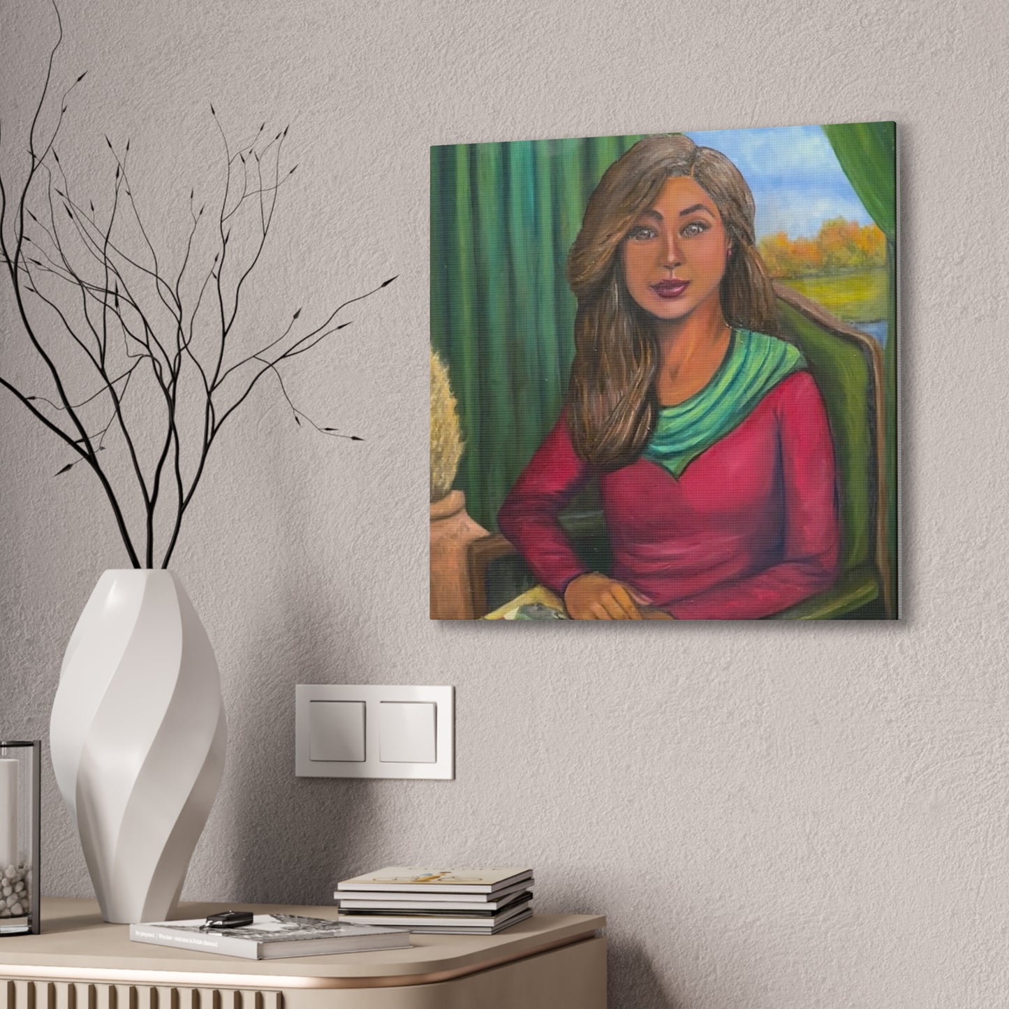 Portrait Canvas Print — Woman Reading in Cozy Green Interior