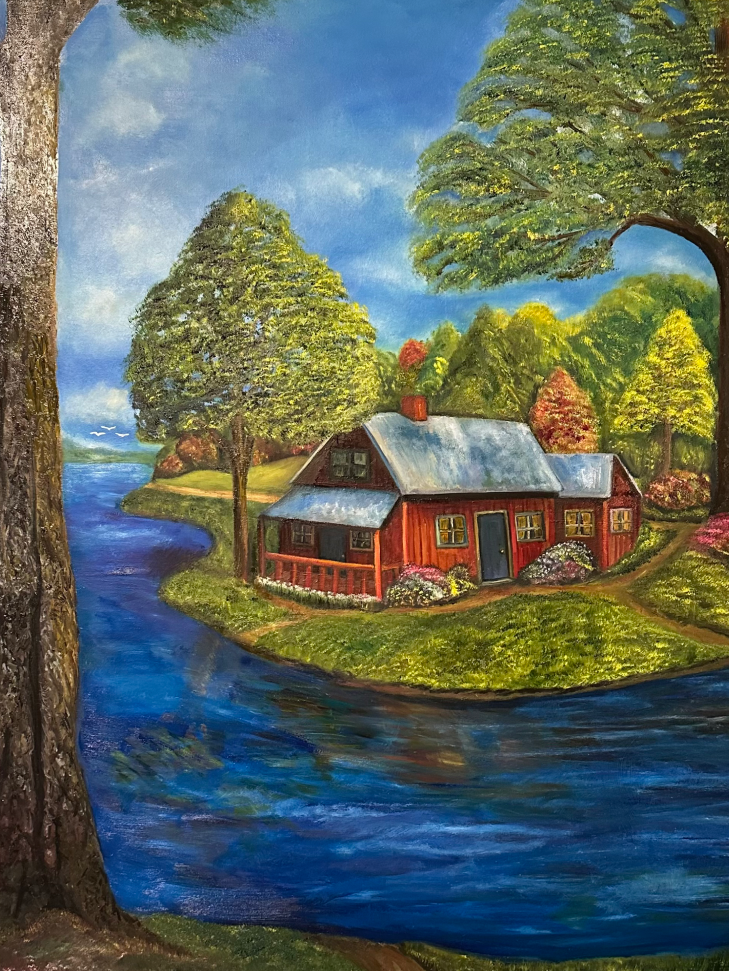 A Lazy Day by the River in November-Oil on Canvas