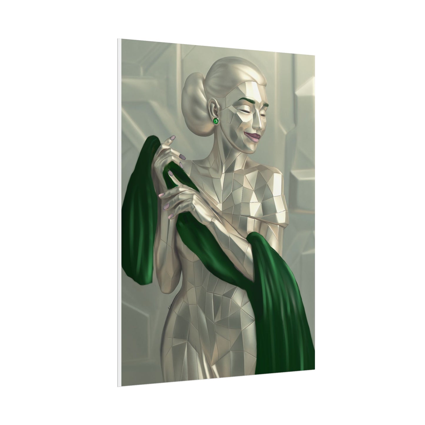 Art Deco Metallic Woman Rolled Poster — Elegant Geometric Portrait with Green Scarf