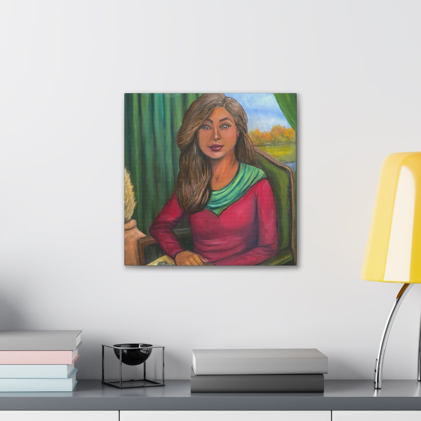 Portrait Canvas Print — Woman Reading in Cozy Green Interior