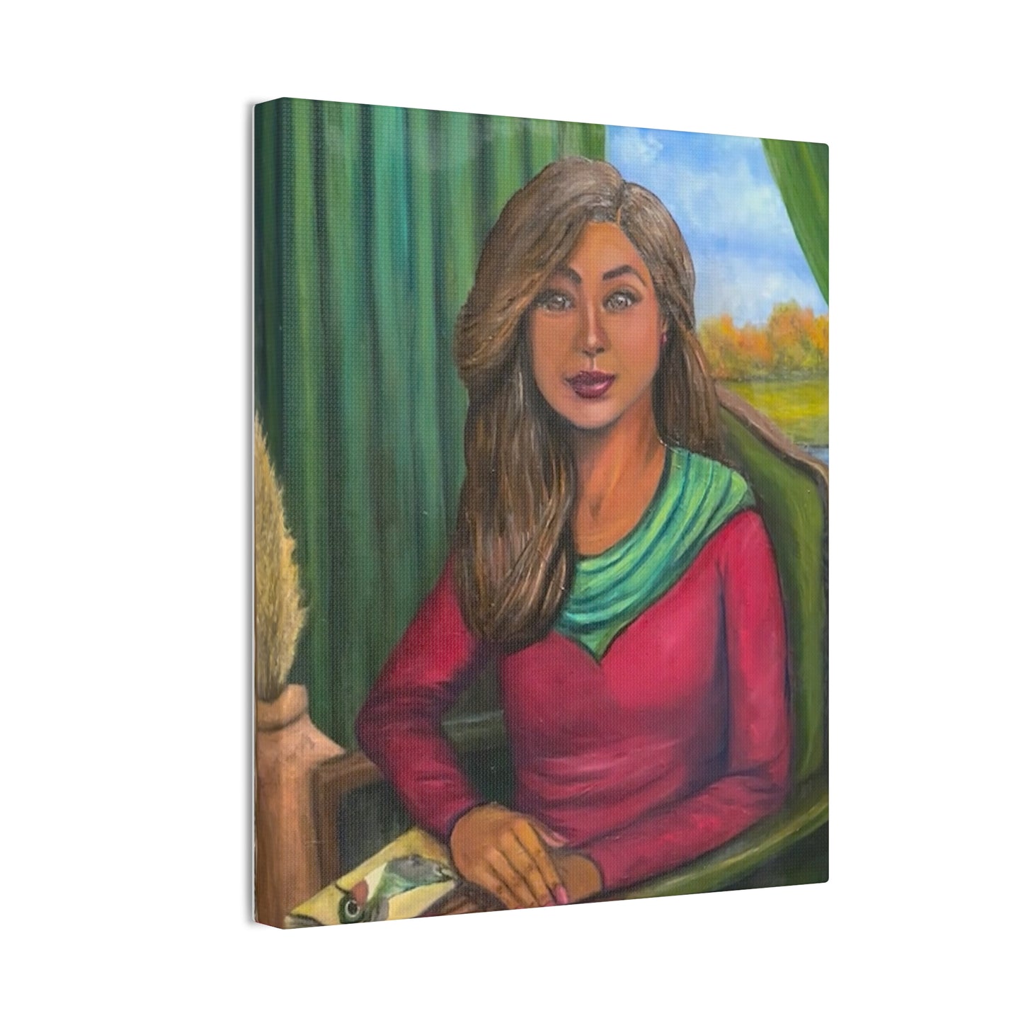 Portrait Canvas Print — Woman Reading in Cozy Green Interior