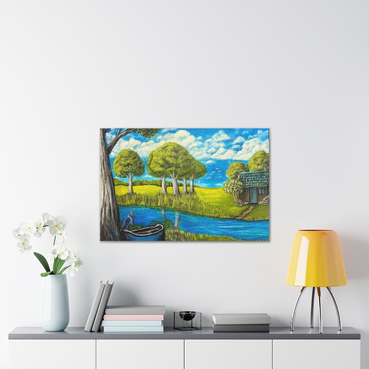Cottage by the River – Tranquil Lakeside Landscape Print