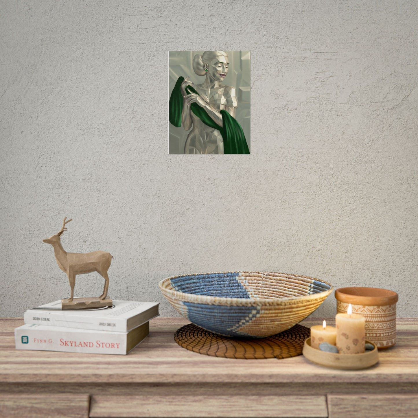 Art Deco Metallic Woman Rolled Poster — Elegant Geometric Portrait with Green Scarf