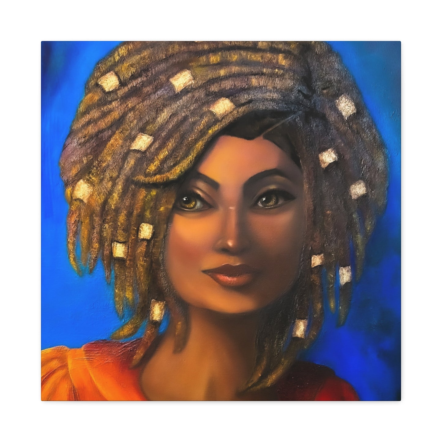 African Woman Portrait Canvas - Vibrant Blue Matte Stretched Wall Art