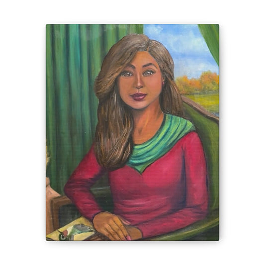 Portrait Canvas Print — Woman Reading in Cozy Green Interior