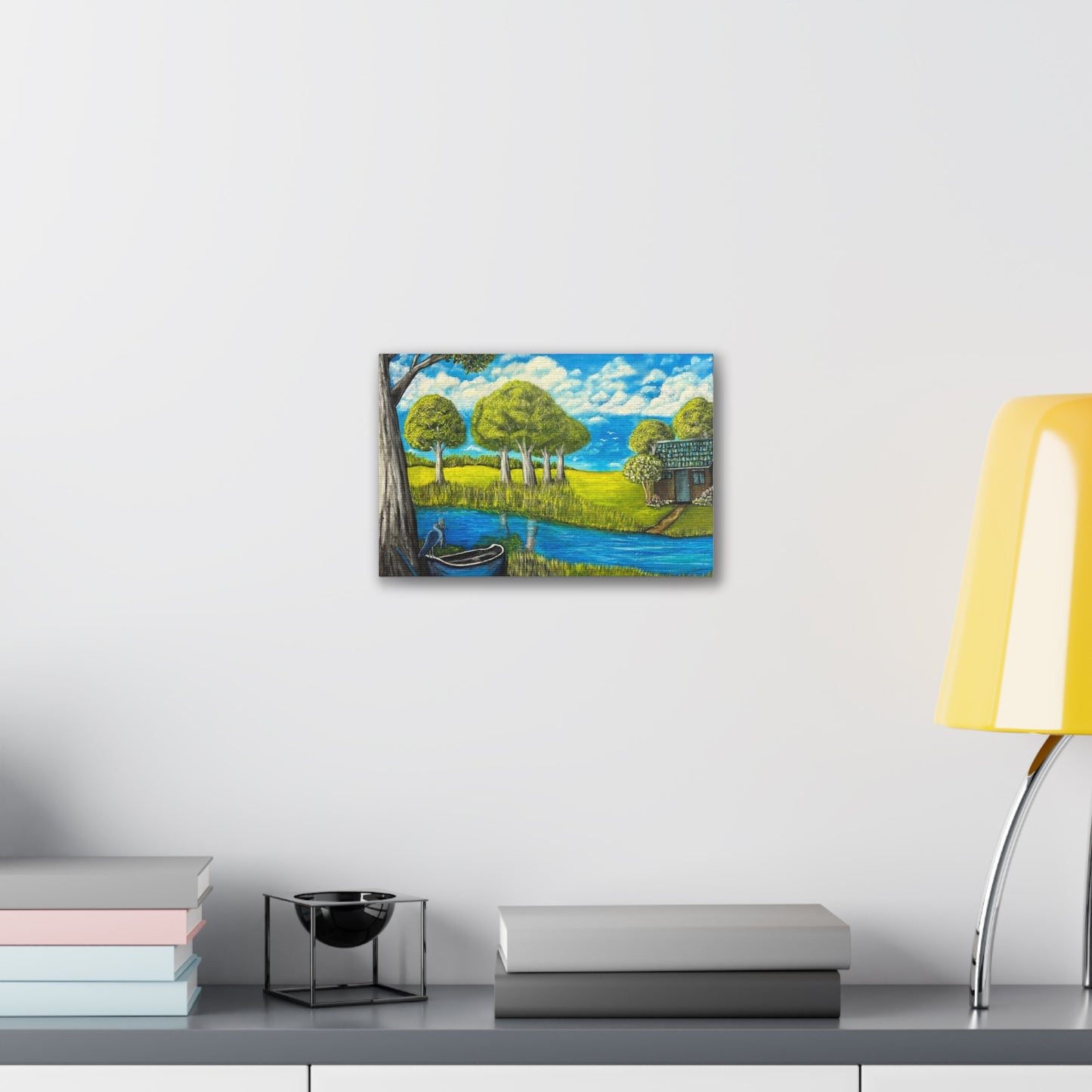 Cottage by the River – Tranquil Lakeside Landscape Print