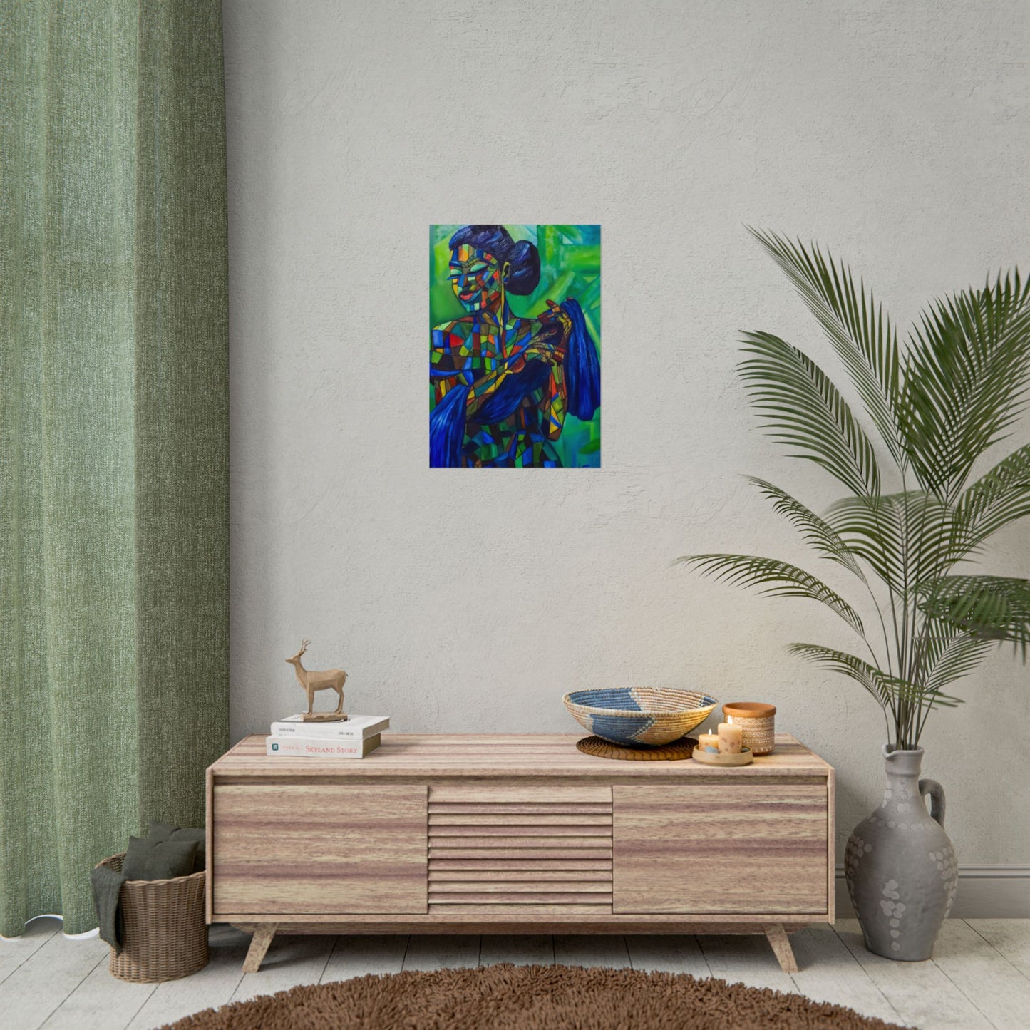 Rolled Poster — Colorful Mosaic Woman Art Print (Blue Hair, Vibrant Abstract)