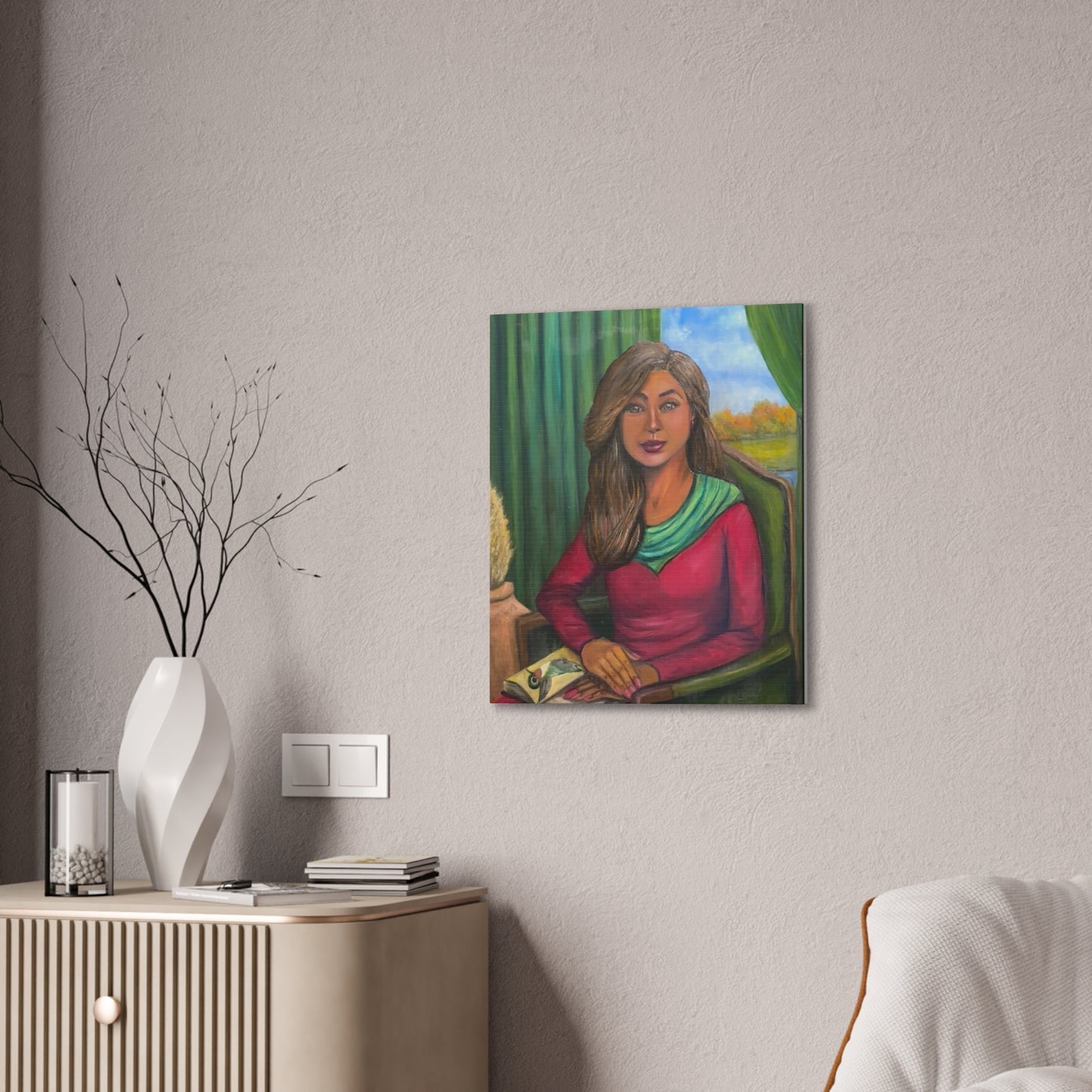 Portrait Canvas Print — Woman Reading in Cozy Green Interior