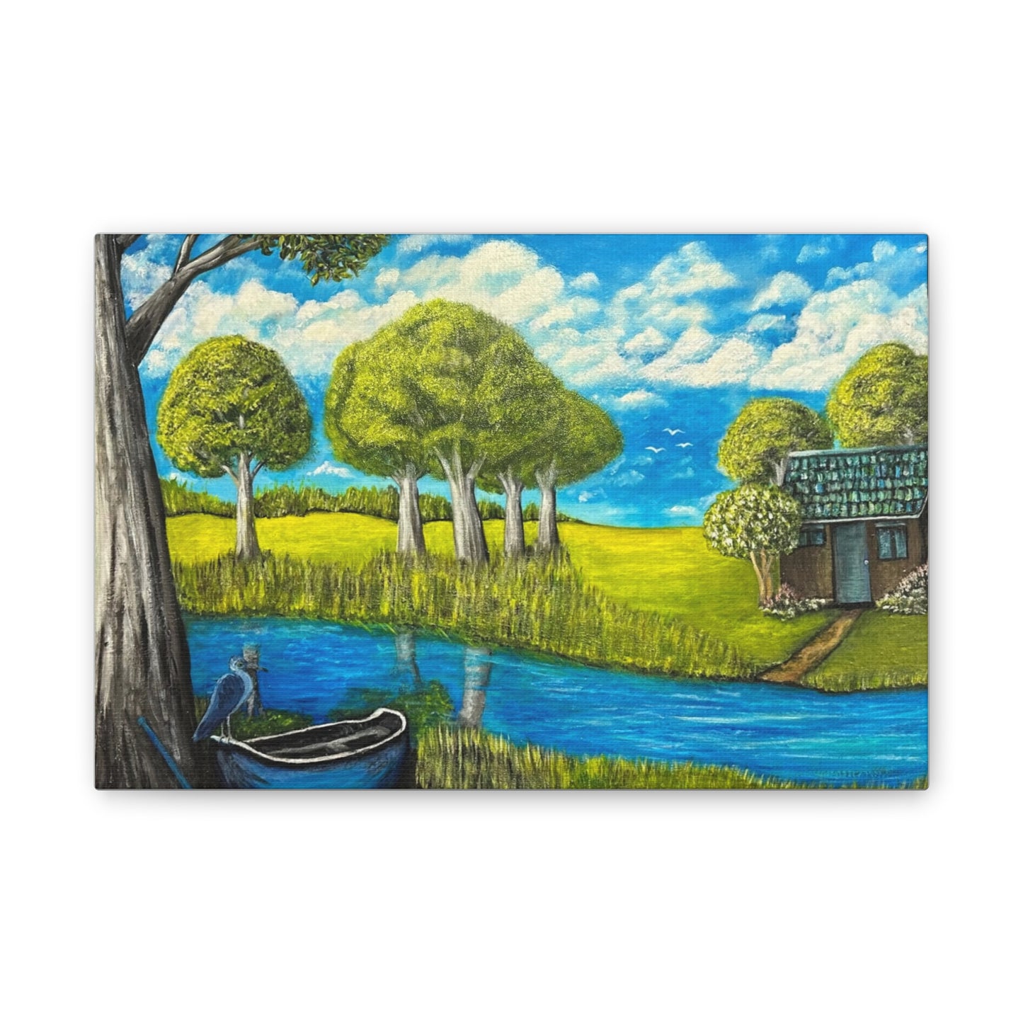 Cottage by the River – Tranquil Lakeside Landscape Print