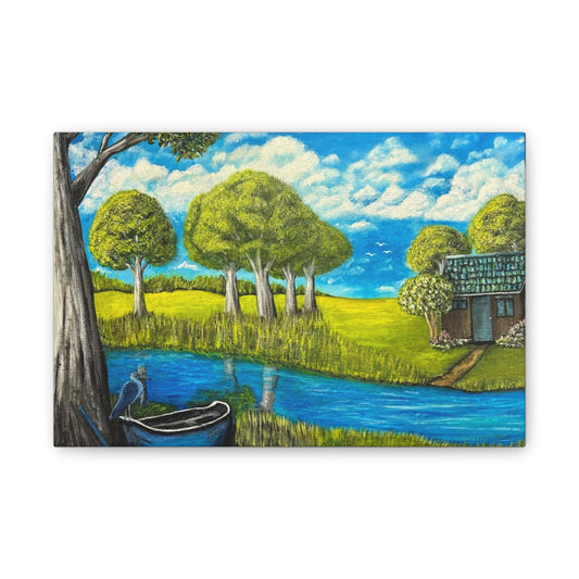 Cottage by the River – Tranquil Lakeside Landscape Print