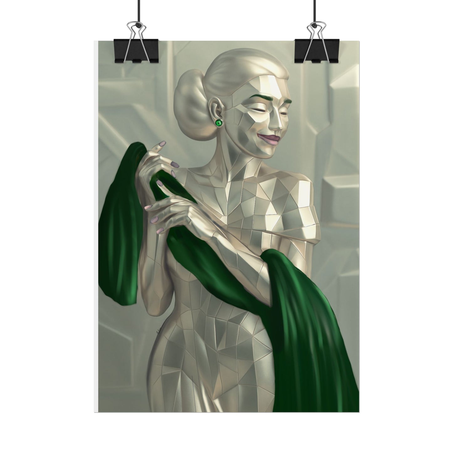 Art Deco Metallic Woman Rolled Poster — Elegant Geometric Portrait with Green Scarf