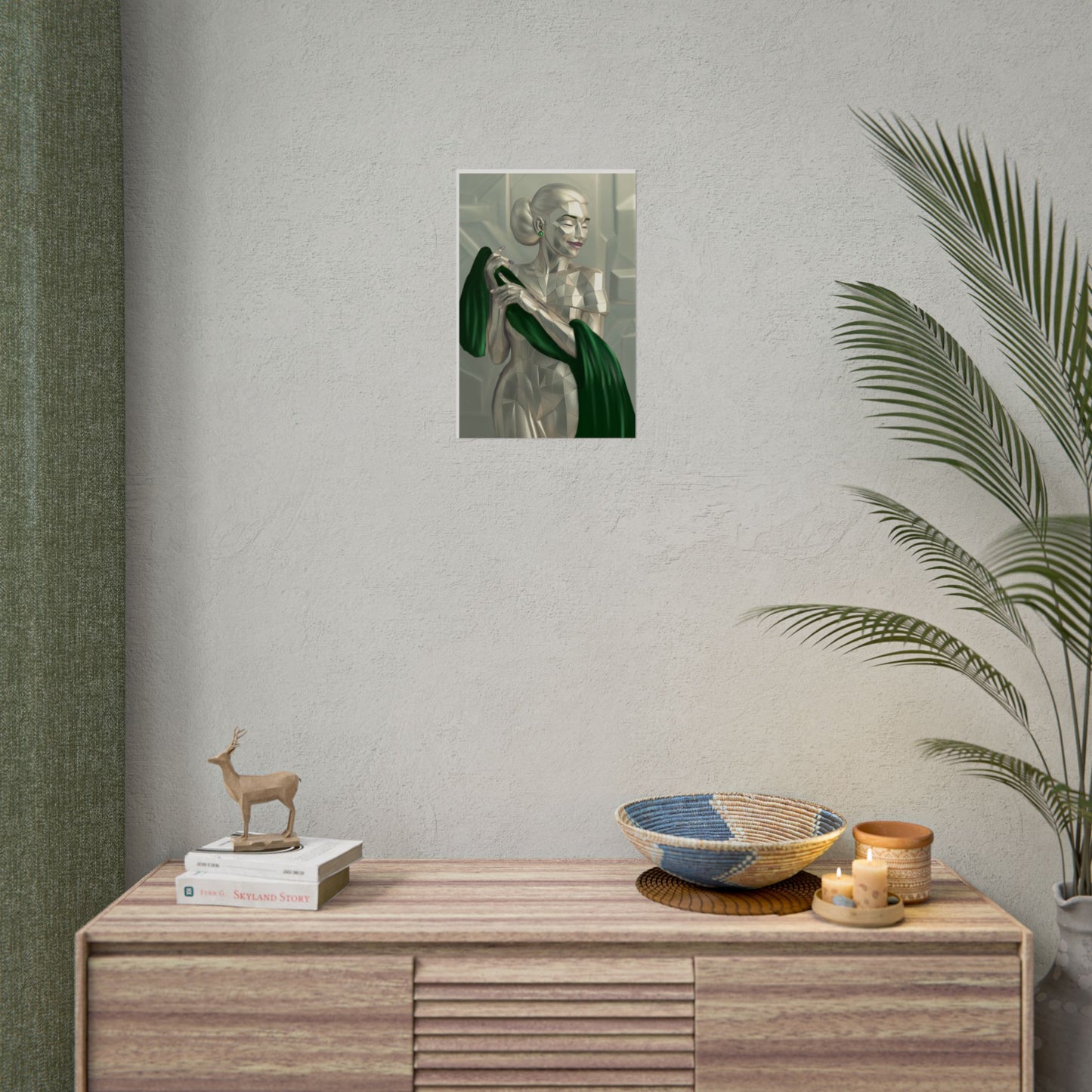 Art Deco Metallic Woman Rolled Poster — Elegant Geometric Portrait with Green Scarf