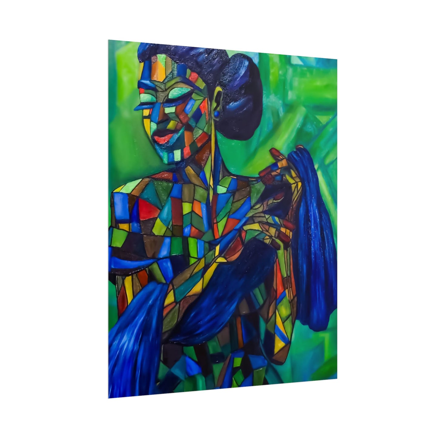 Rolled Poster — Colorful Mosaic Woman Art Print (Blue Hair, Vibrant Abstract)