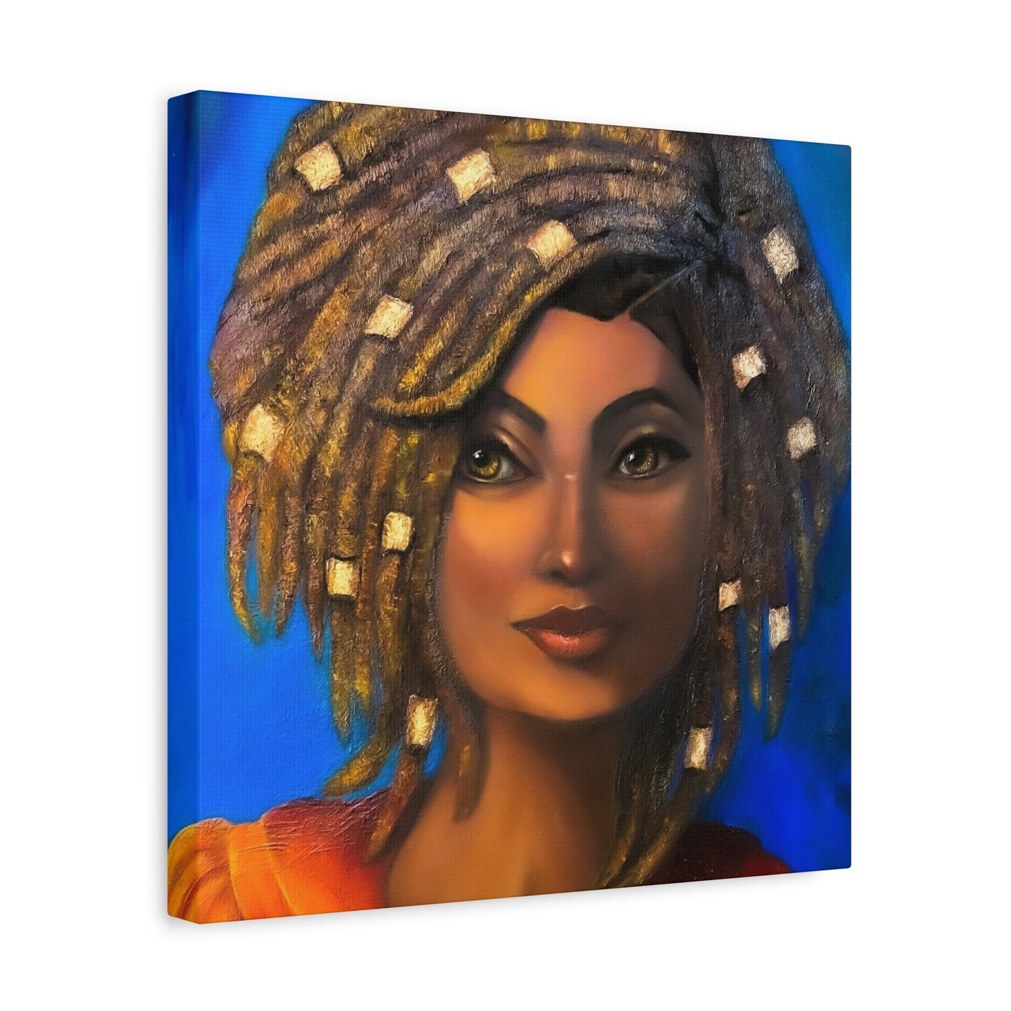 African Woman Portrait Canvas - Vibrant Blue Matte Stretched Wall Art