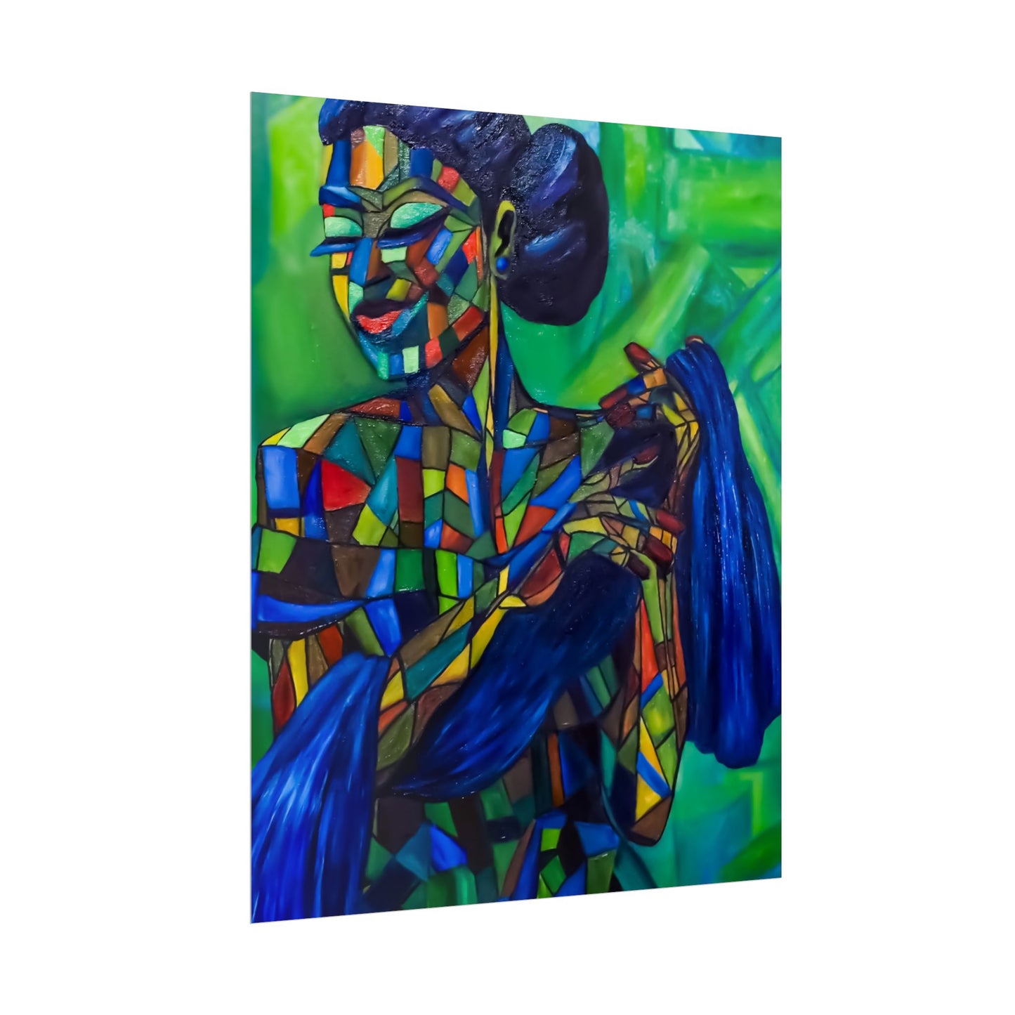 Rolled Poster — Colorful Mosaic Woman Art Print (Blue Hair, Vibrant Abstract)