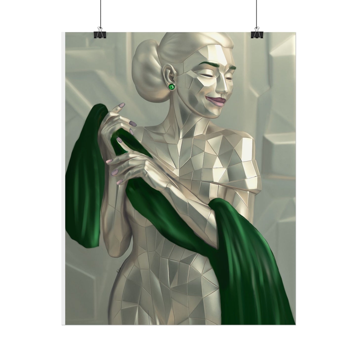 Art Deco Metallic Woman Rolled Poster — Elegant Geometric Portrait with Green Scarf
