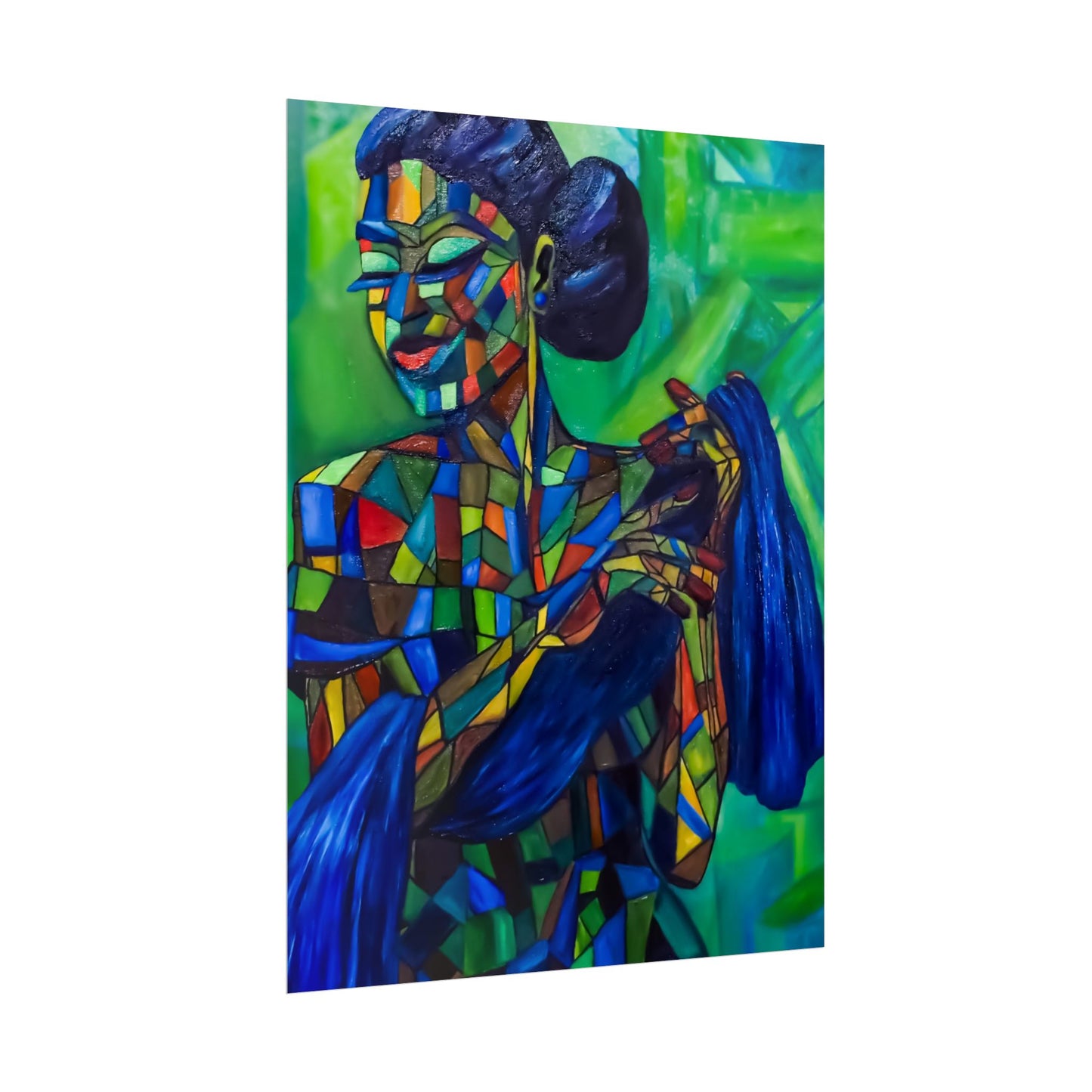 Rolled Poster — Colorful Mosaic Woman Art Print (Blue Hair, Vibrant Abstract)
