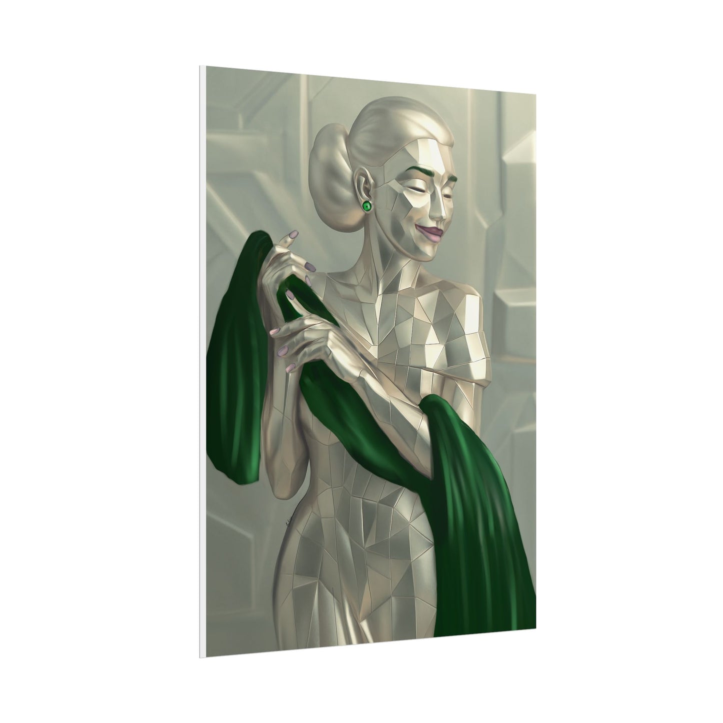 Art Deco Metallic Woman Rolled Poster — Elegant Geometric Portrait with Green Scarf