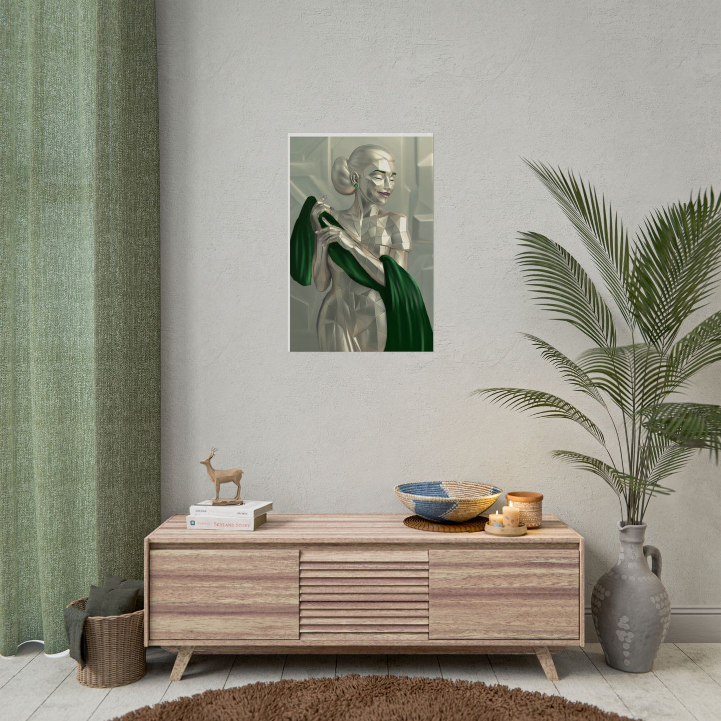 Art Deco Metallic Woman Rolled Poster — Elegant Geometric Portrait with Green Scarf