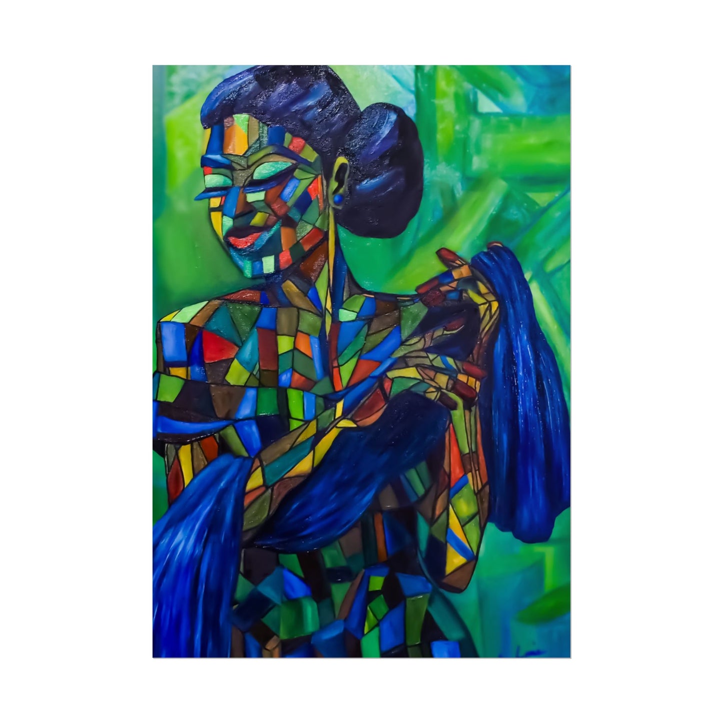 Rolled Poster — Colorful Mosaic Woman Art Print (Blue Hair, Vibrant Abstract)