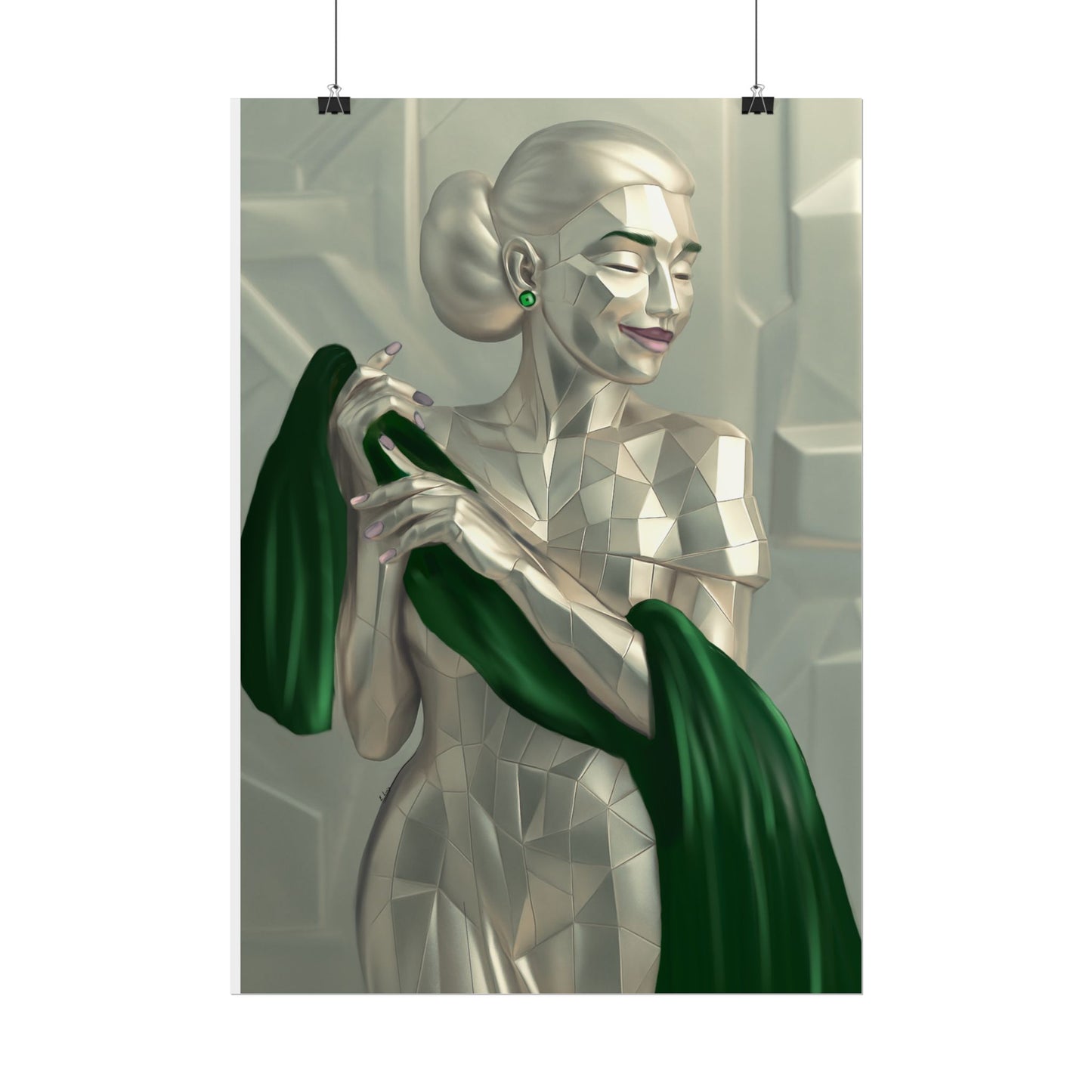 Art Deco Metallic Woman Rolled Poster — Elegant Geometric Portrait with Green Scarf