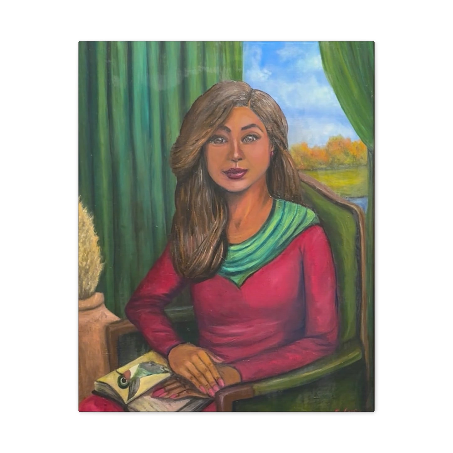Portrait Canvas Print — Woman Reading in Cozy Green Interior