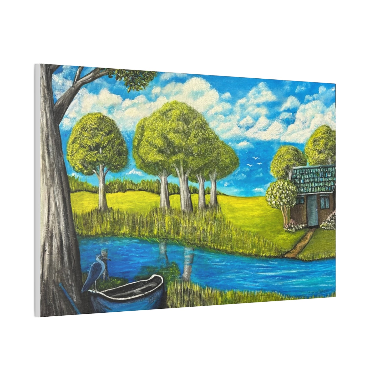 Cottage by the River – Tranquil Lakeside Landscape Print