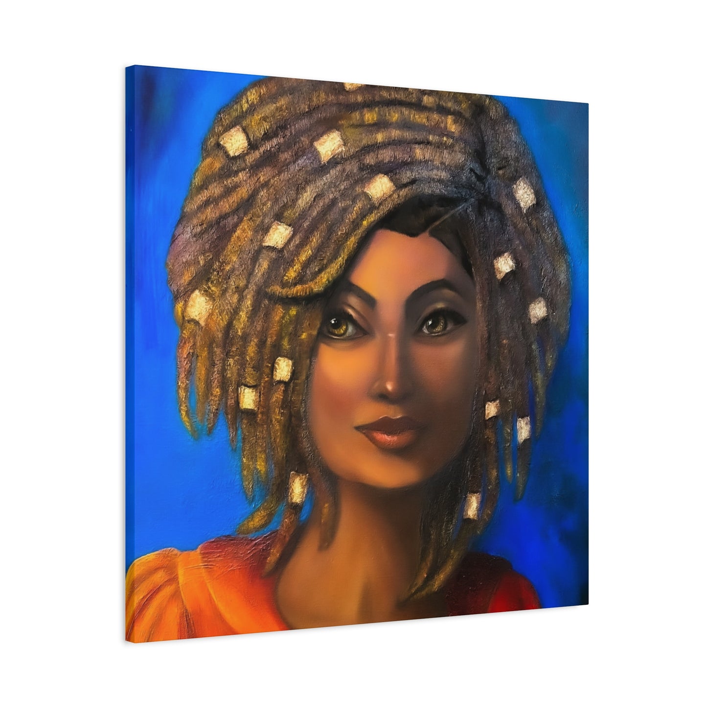 African Woman Portrait Canvas - Vibrant Blue Matte Stretched Wall Art