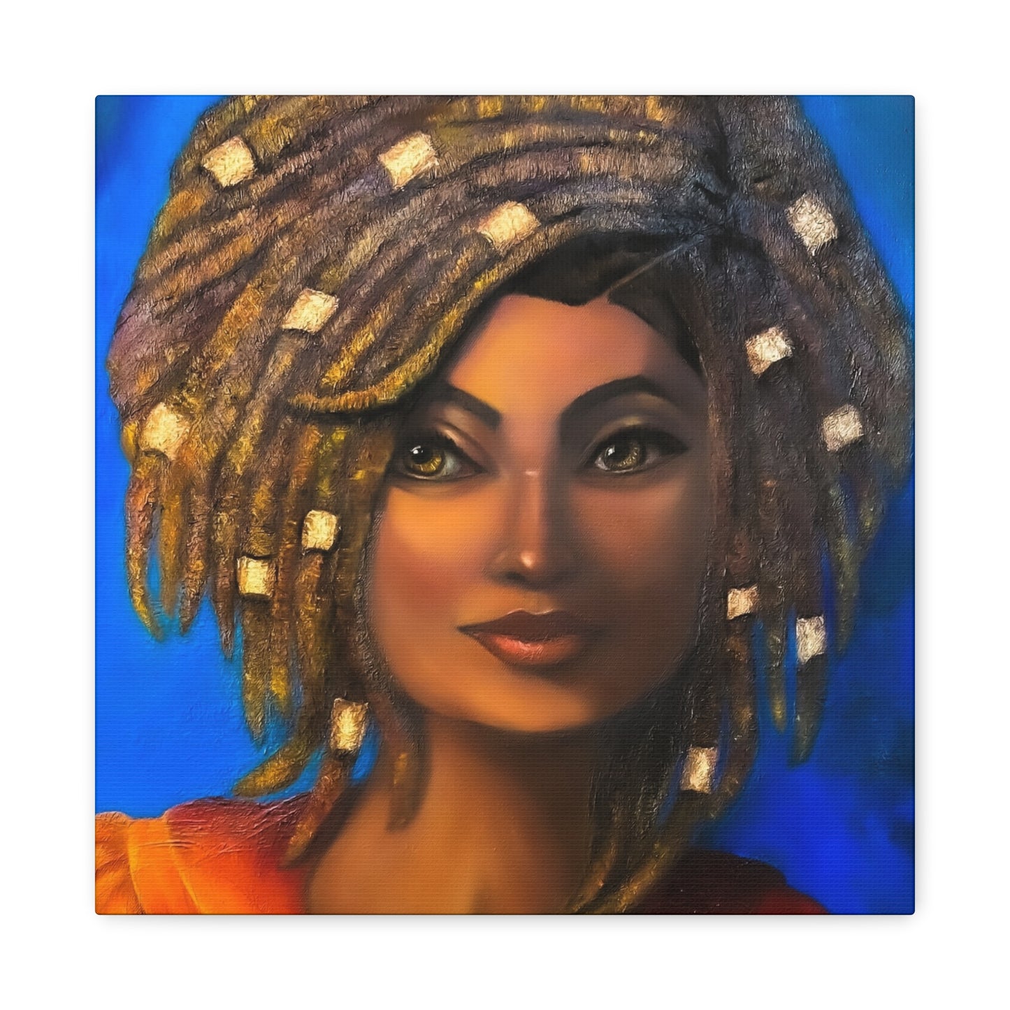 African Woman Portrait Canvas - Vibrant Blue Matte Stretched Wall Art