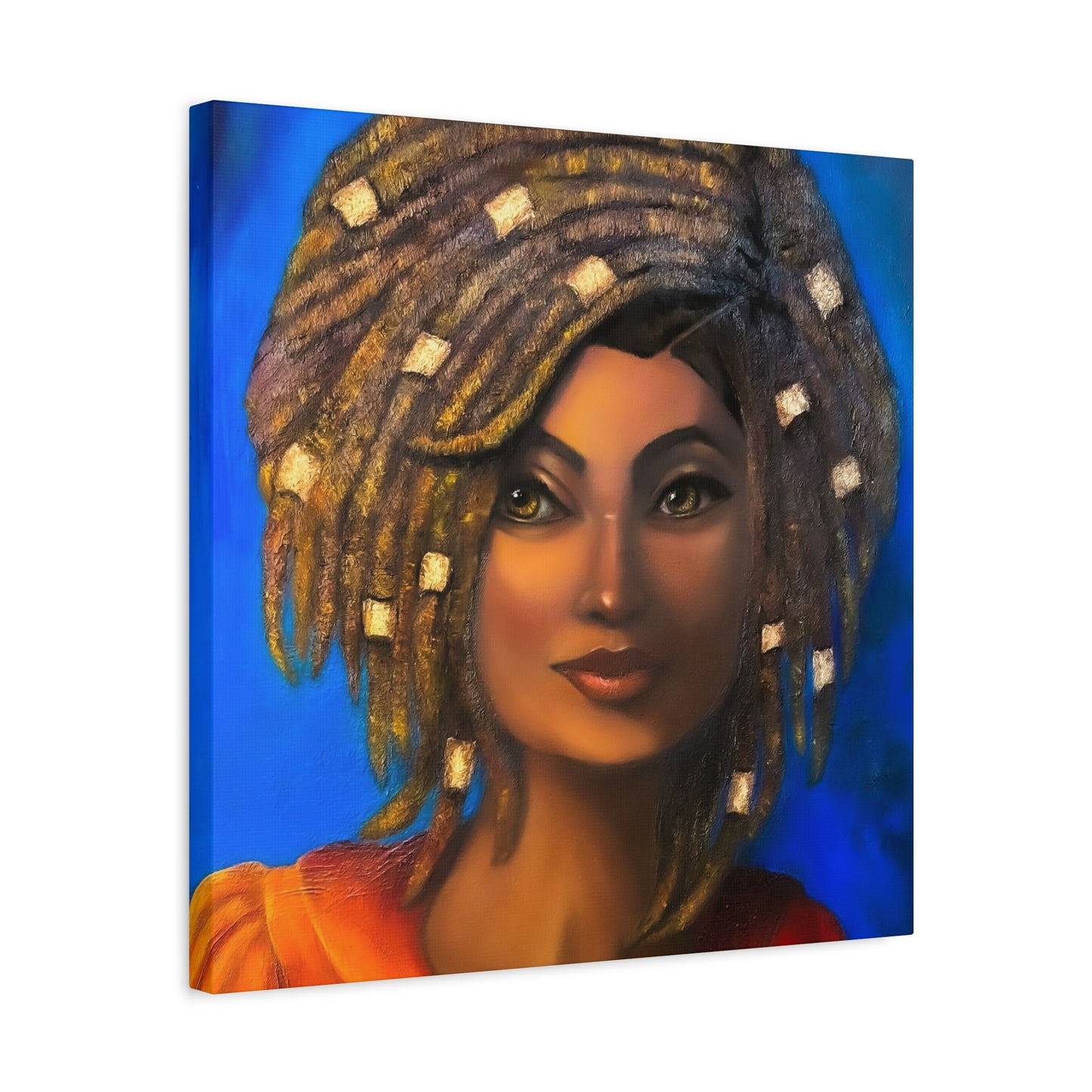African Woman Portrait Canvas - Vibrant Blue Matte Stretched Wall Art