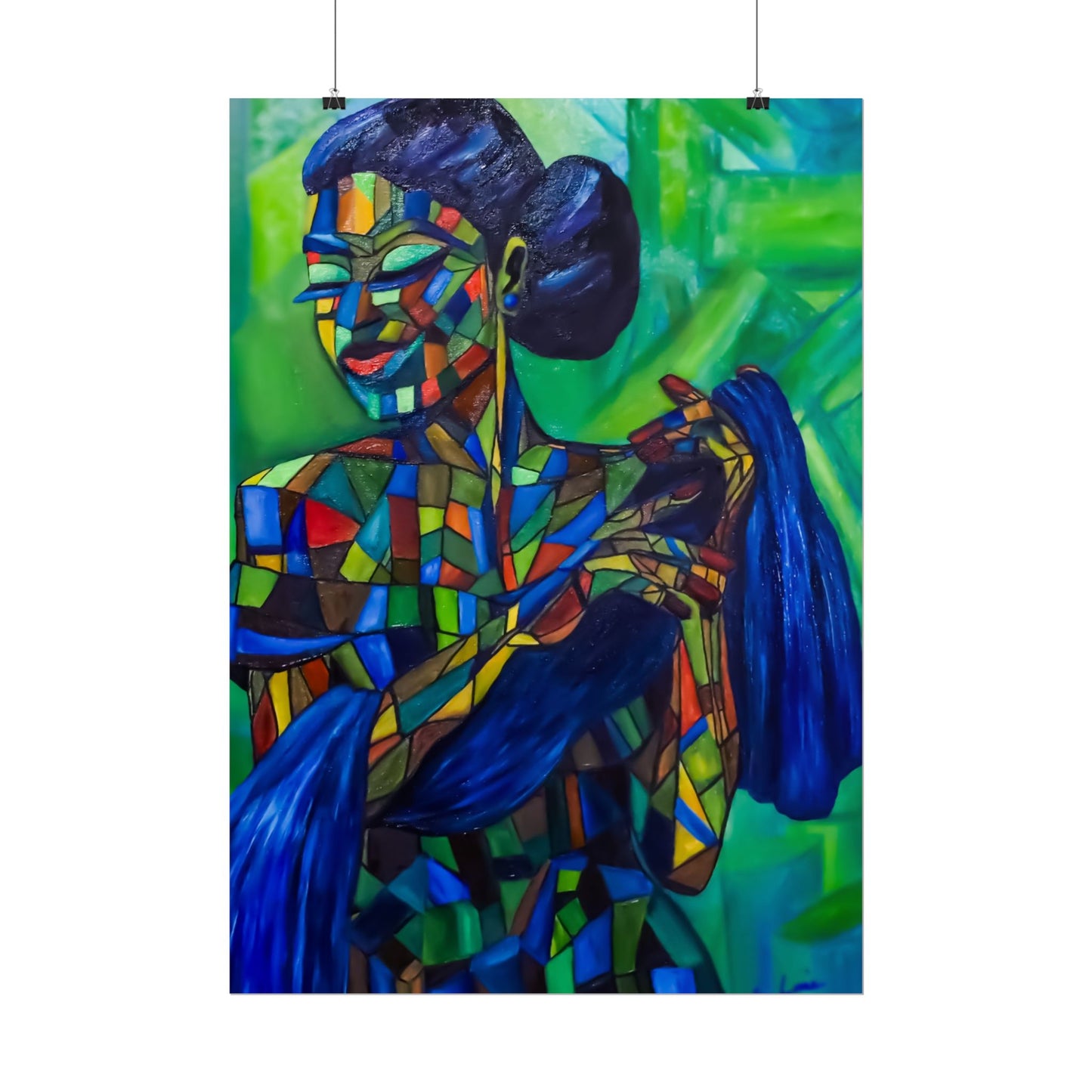 Rolled Poster — Colorful Mosaic Woman Art Print (Blue Hair, Vibrant Abstract)