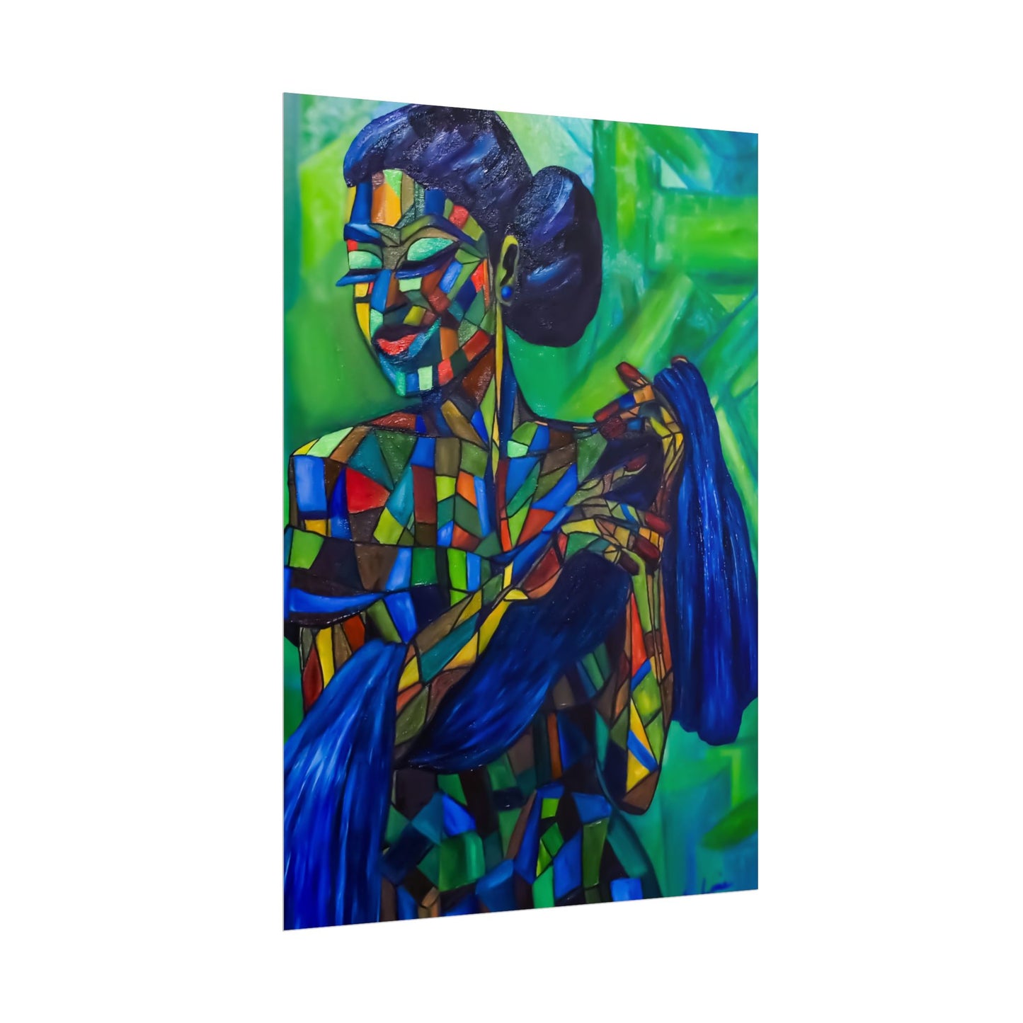 Rolled Poster — Colorful Mosaic Woman Art Print (Blue Hair, Vibrant Abstract)