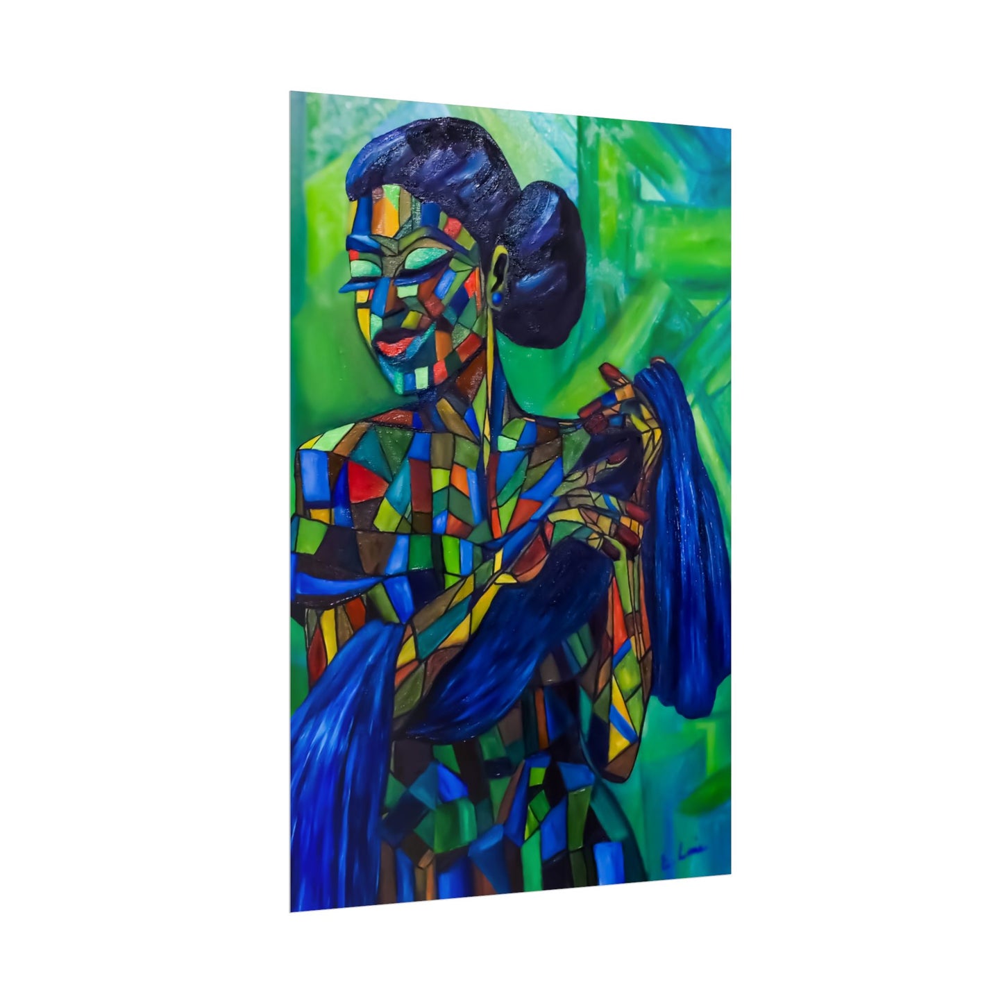Rolled Poster — Colorful Mosaic Woman Art Print (Blue Hair, Vibrant Abstract)