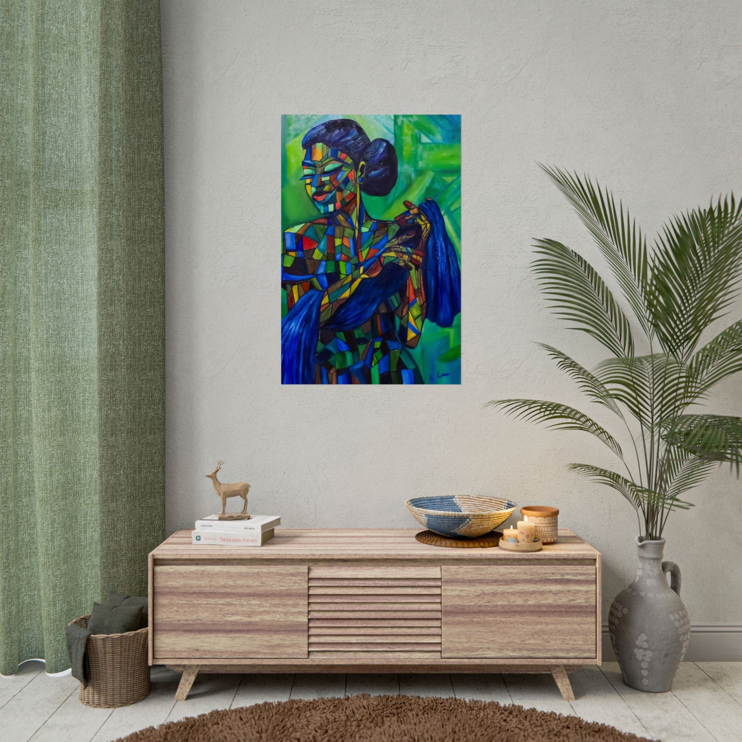 Rolled Poster — Colorful Mosaic Woman Art Print (Blue Hair, Vibrant Abstract)