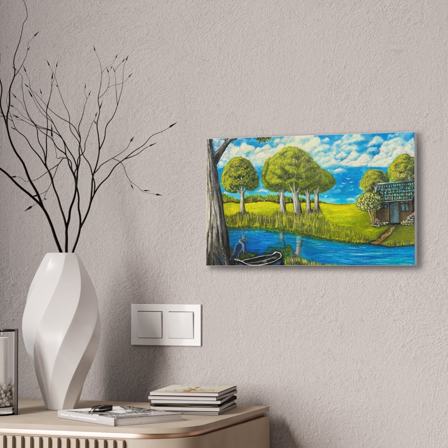 Cottage by the River – Tranquil Lakeside Landscape Print