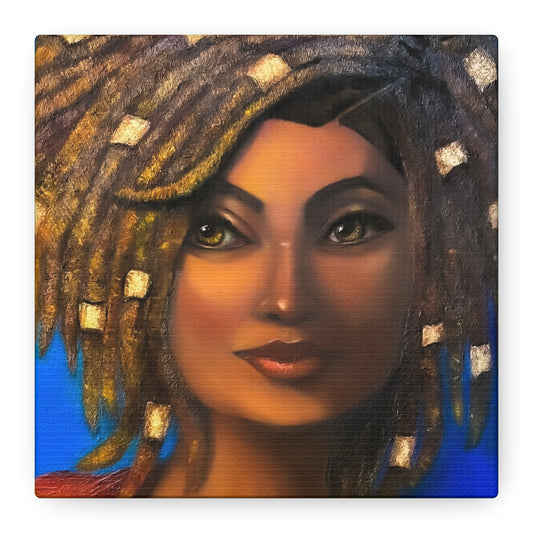 African Woman Portrait Canvas - Vibrant Blue Matte Stretched Wall Art