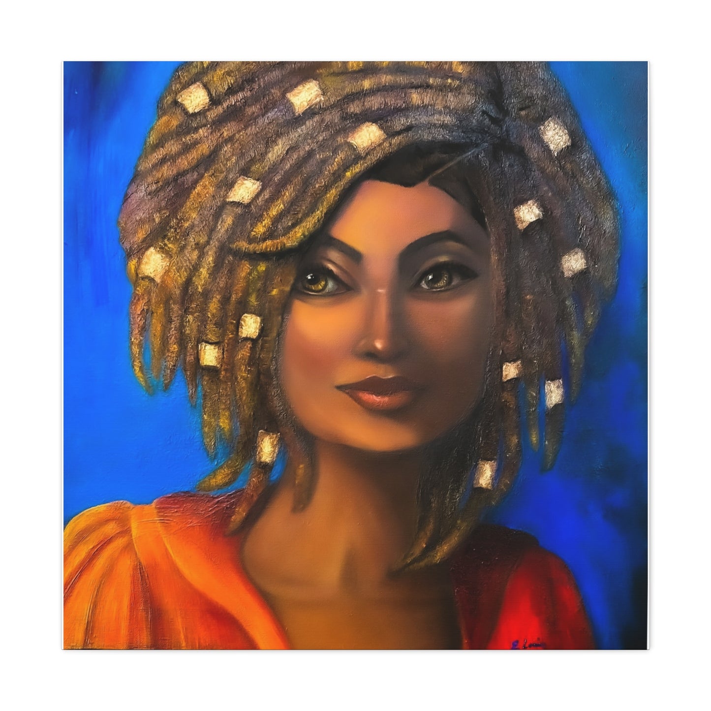African Woman Portrait Canvas - Vibrant Blue Matte Stretched Wall Art