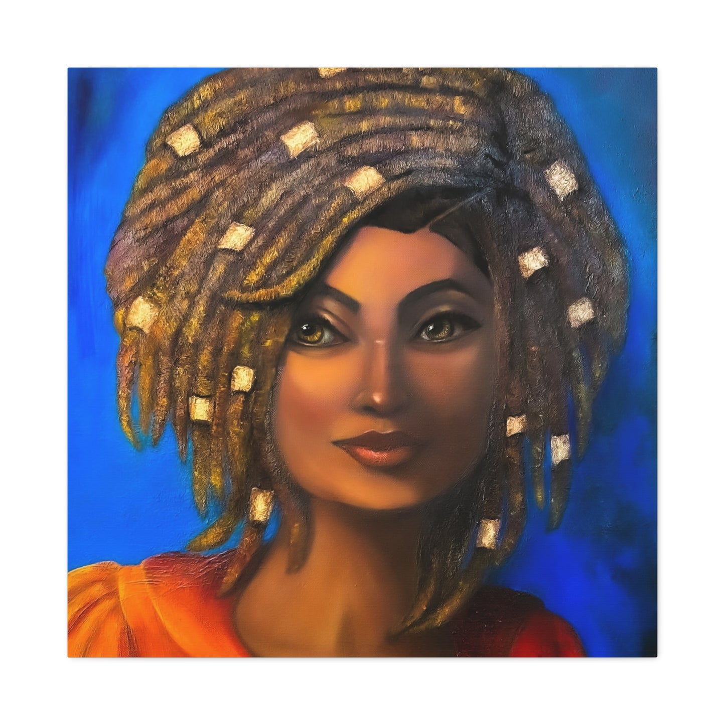 African Woman Portrait Canvas - Vibrant Blue Matte Stretched Wall Art