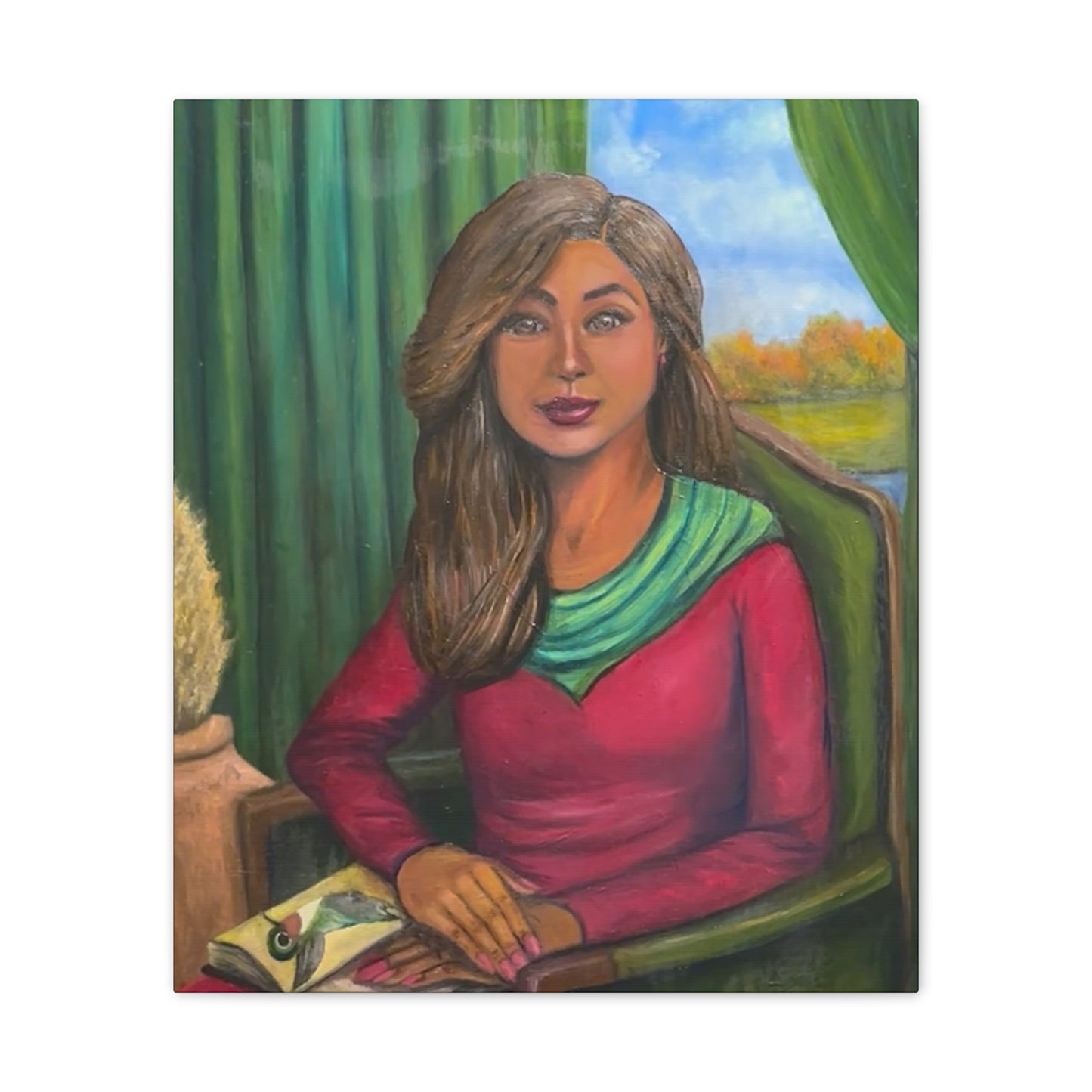 Portrait Canvas Print — Woman Reading in Cozy Green Interior