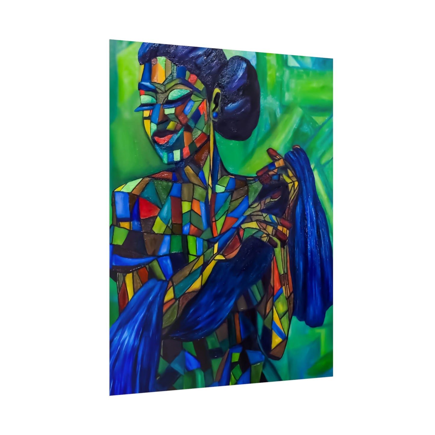 Rolled Poster — Colorful Mosaic Woman Art Print (Blue Hair, Vibrant Abstract)