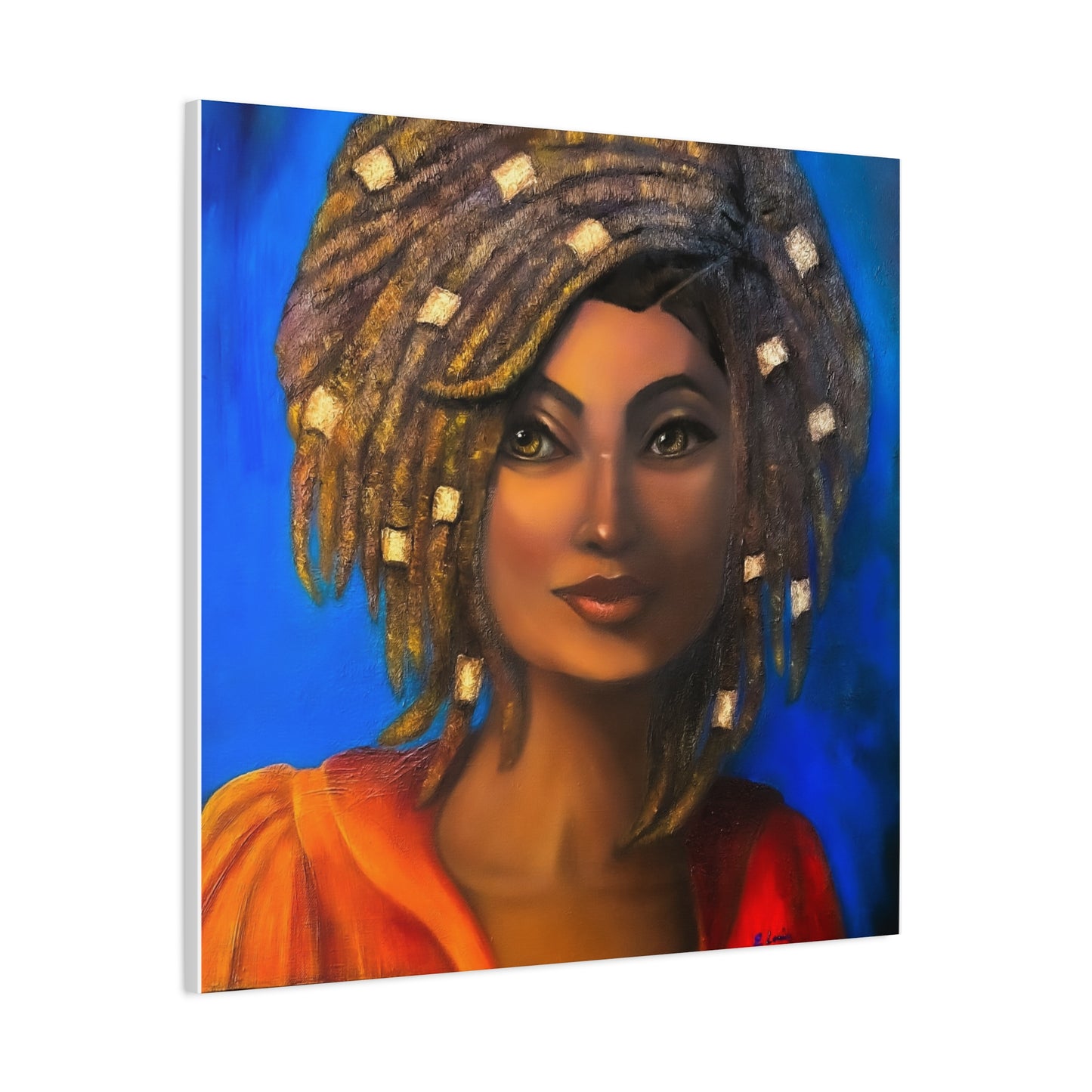 African Woman Portrait Canvas - Vibrant Blue Matte Stretched Wall Art