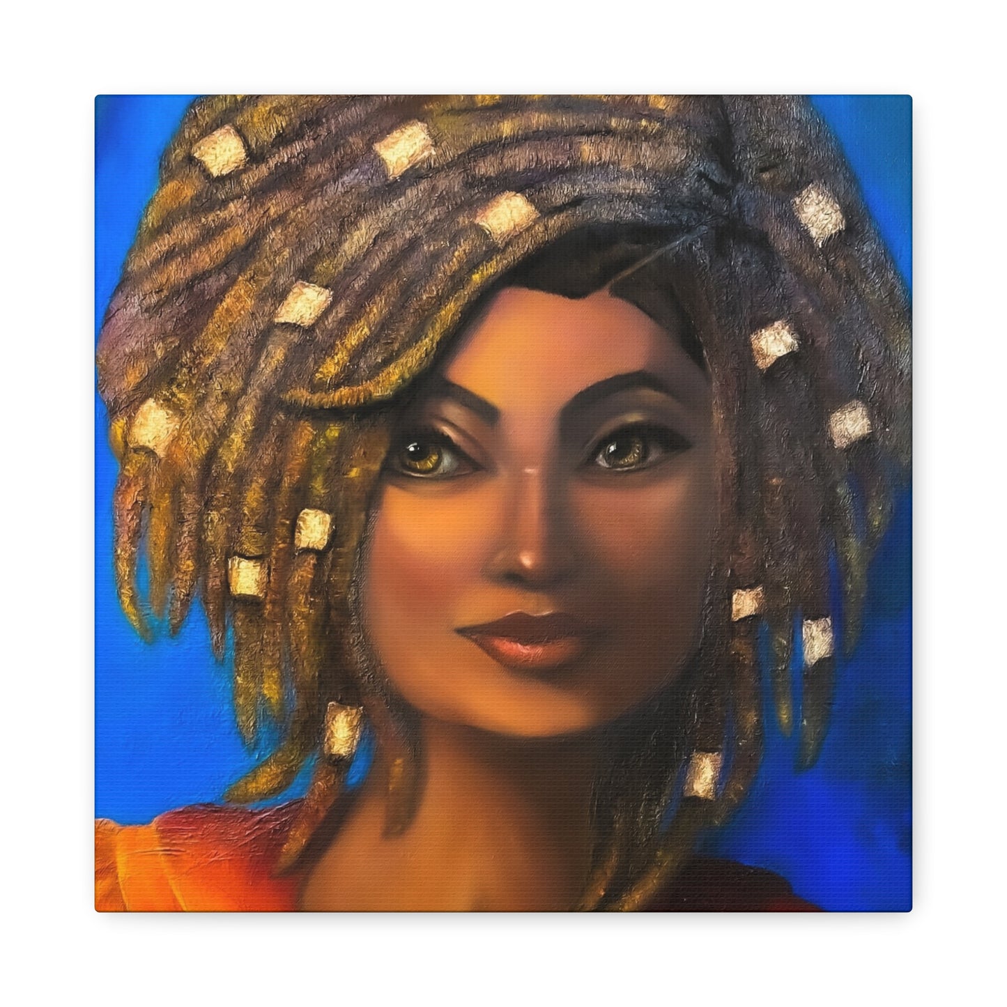 African Woman Portrait Canvas - Vibrant Blue Matte Stretched Wall Art