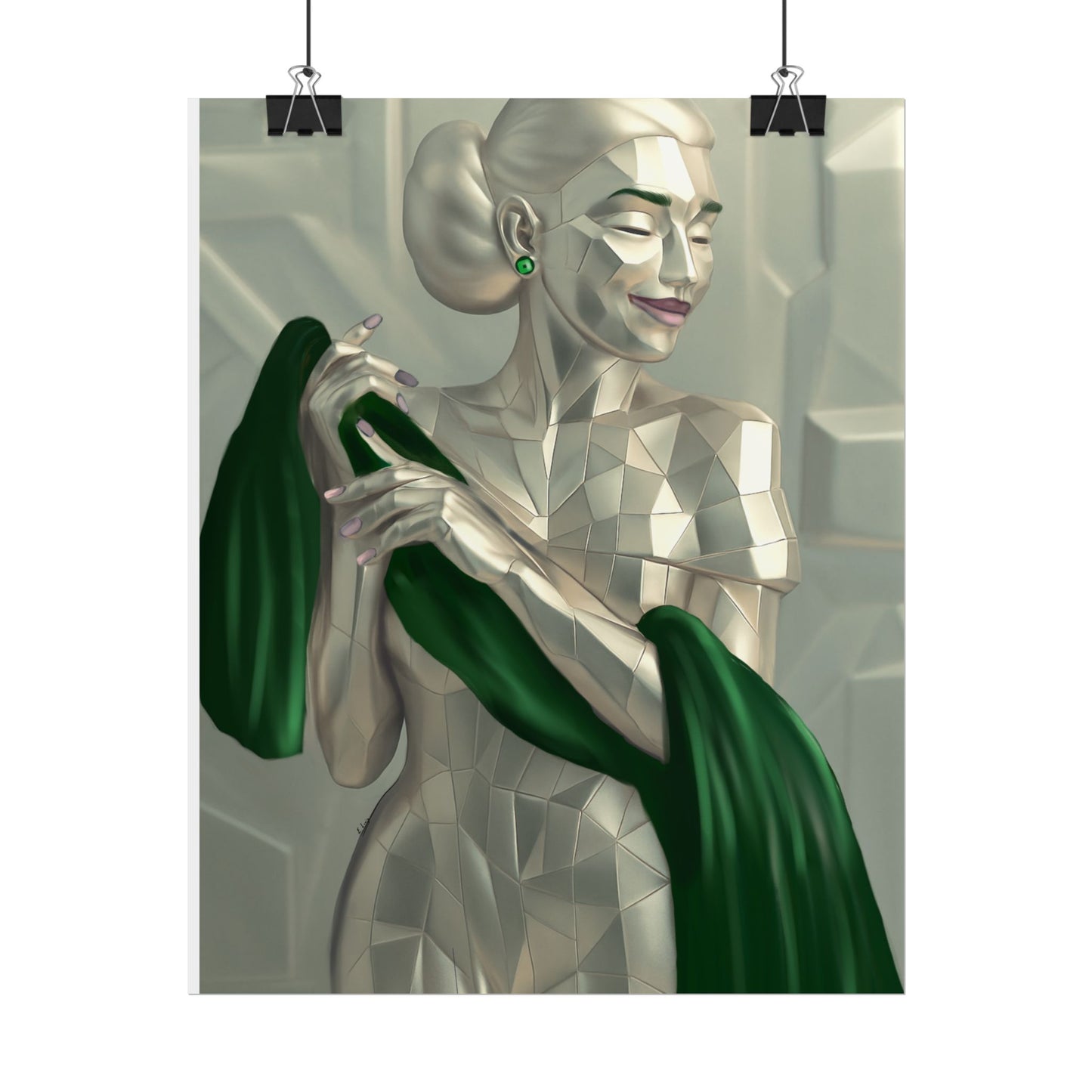 Art Deco Metallic Woman Rolled Poster — Elegant Geometric Portrait with Green Scarf