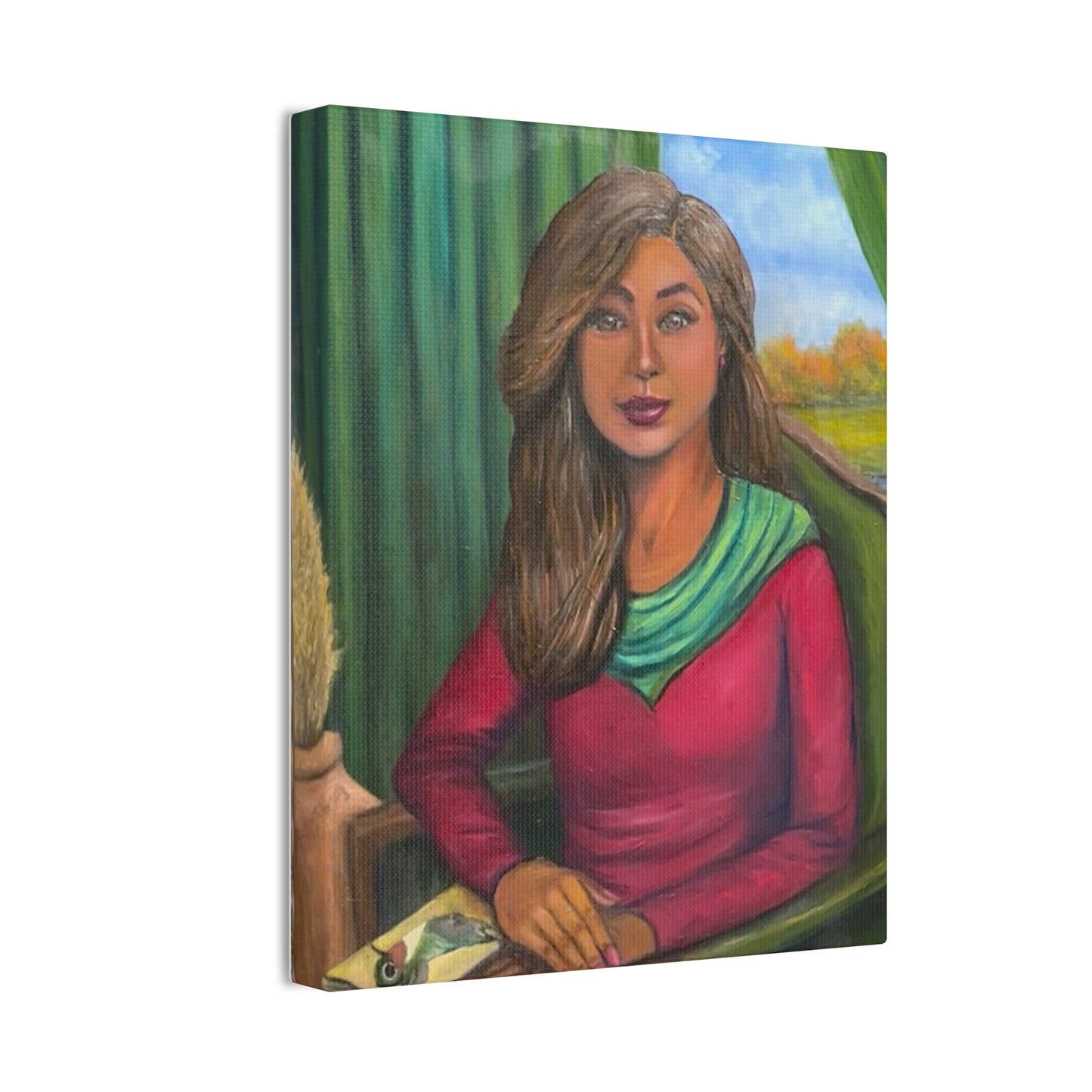 Portrait Canvas Print — Woman Reading in Cozy Green Interior
