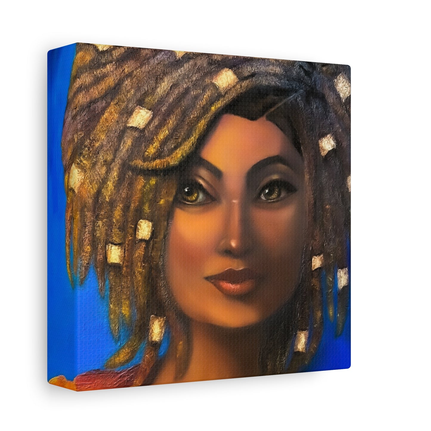 African Woman Portrait Canvas - Vibrant Blue Matte Stretched Wall Art