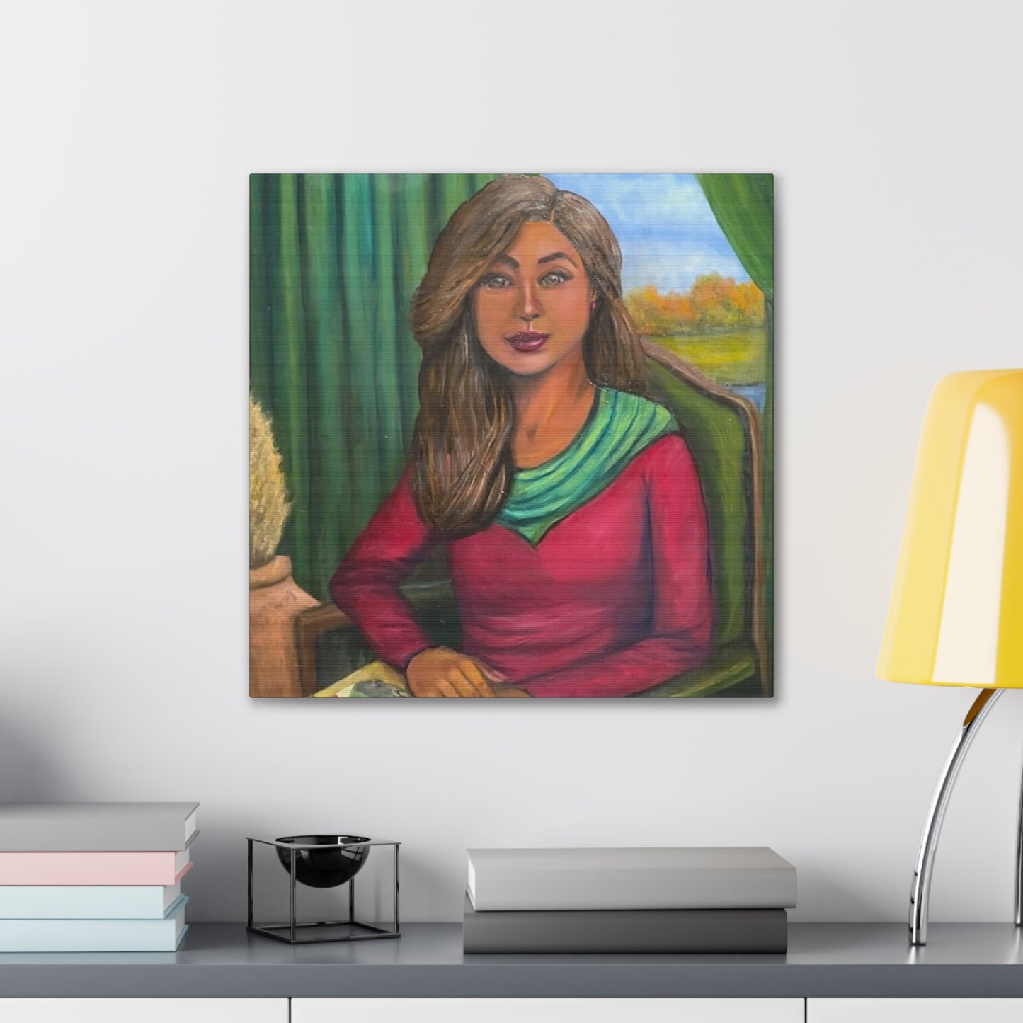 Portrait Canvas Print — Woman Reading in Cozy Green Interior
