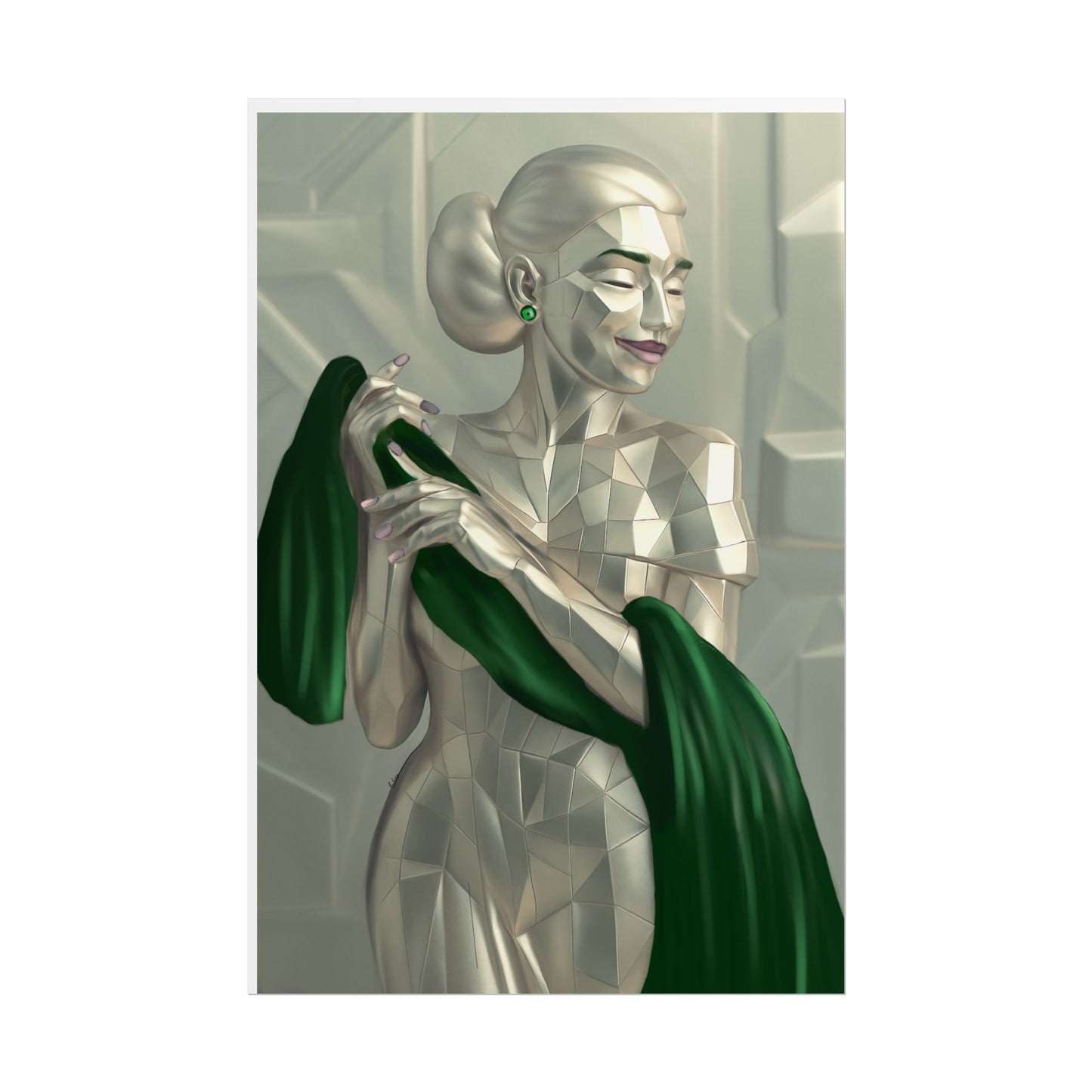Art Deco Metallic Woman Rolled Poster — Elegant Geometric Portrait with Green Scarf