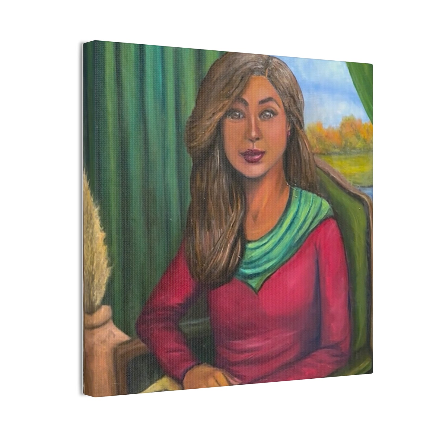 Portrait Canvas Print — Woman Reading in Cozy Green Interior