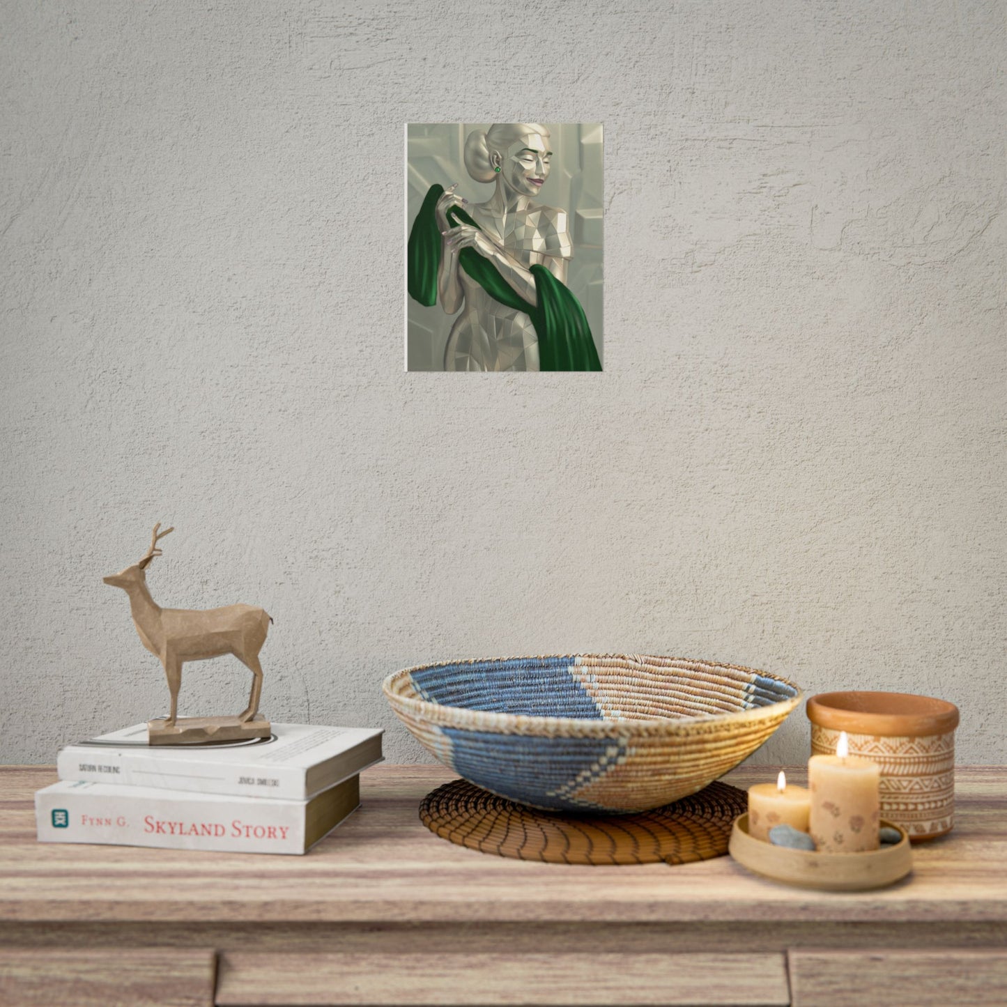 Art Deco Metallic Woman Rolled Poster — Elegant Geometric Portrait with Green Scarf